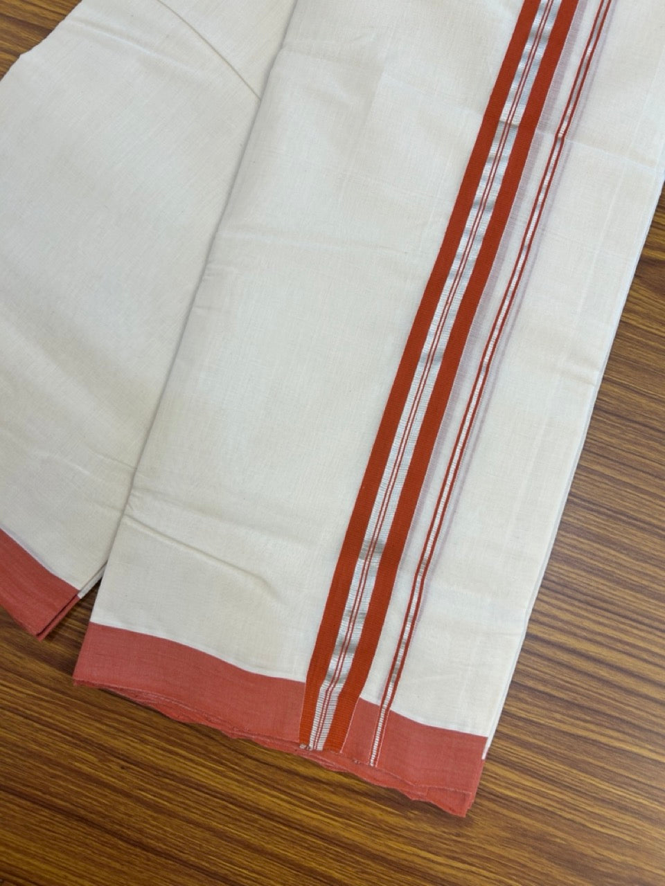 25% Discount! KaithariKada Handloom Millpaav Balaramapuram - Cotton Double Mundu/Dhoti Off white (Unbleached) - 80x90 - 1 inch Silver Kasav & Brick Orange striped Kara 3.60 meter (8 Muzham) - 63 KK5256 RAM