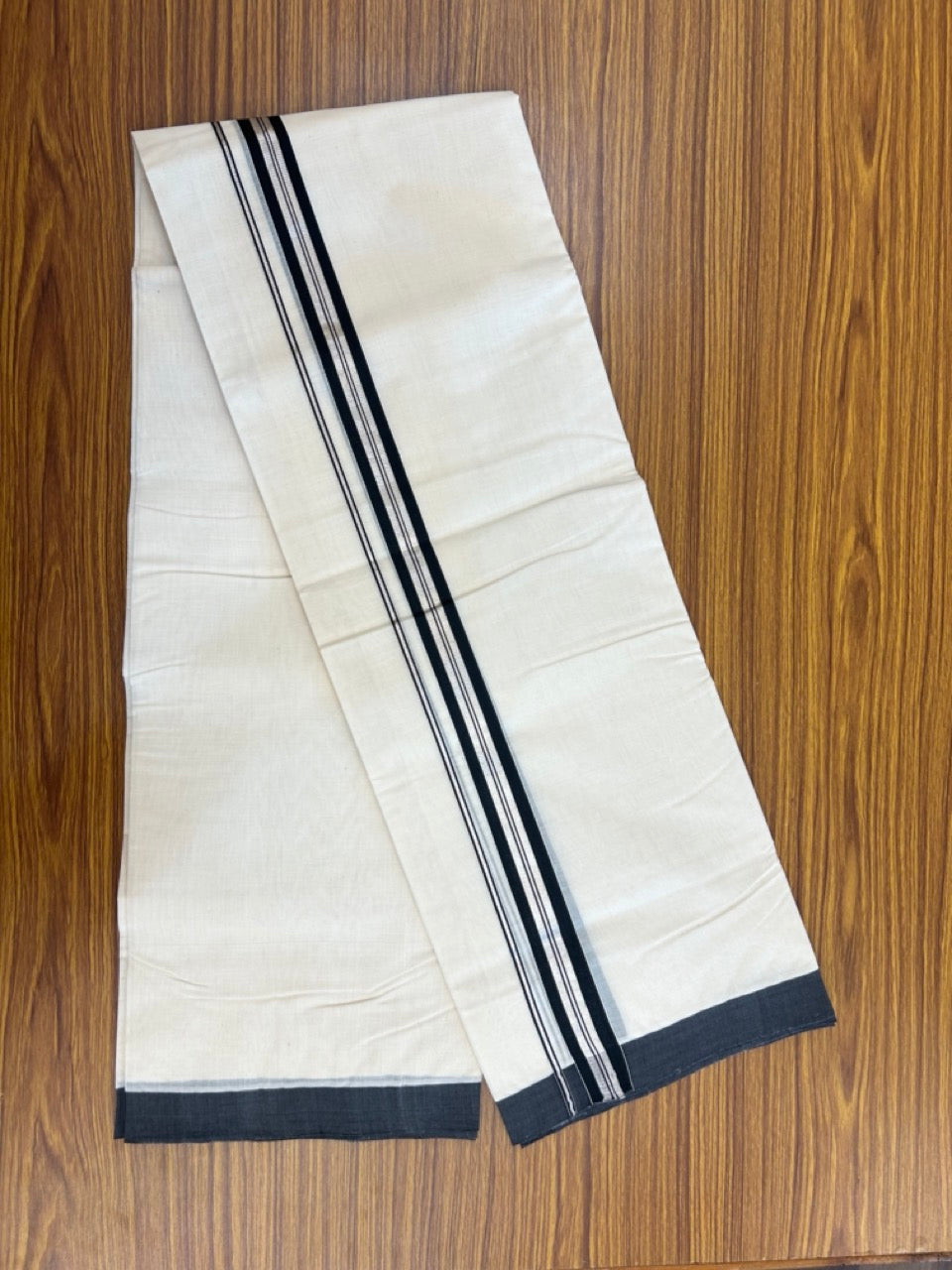 25% Discount! KaithariKada Handloom Millpaav Balaramapuram - Cotton Double Mundu/Dhoti Off white (Unbleached) - 80x90 - 1 inch Silver Kasav striped Black Kara 3.60 meter (8 Muzham) - 83 KK5256 RAM