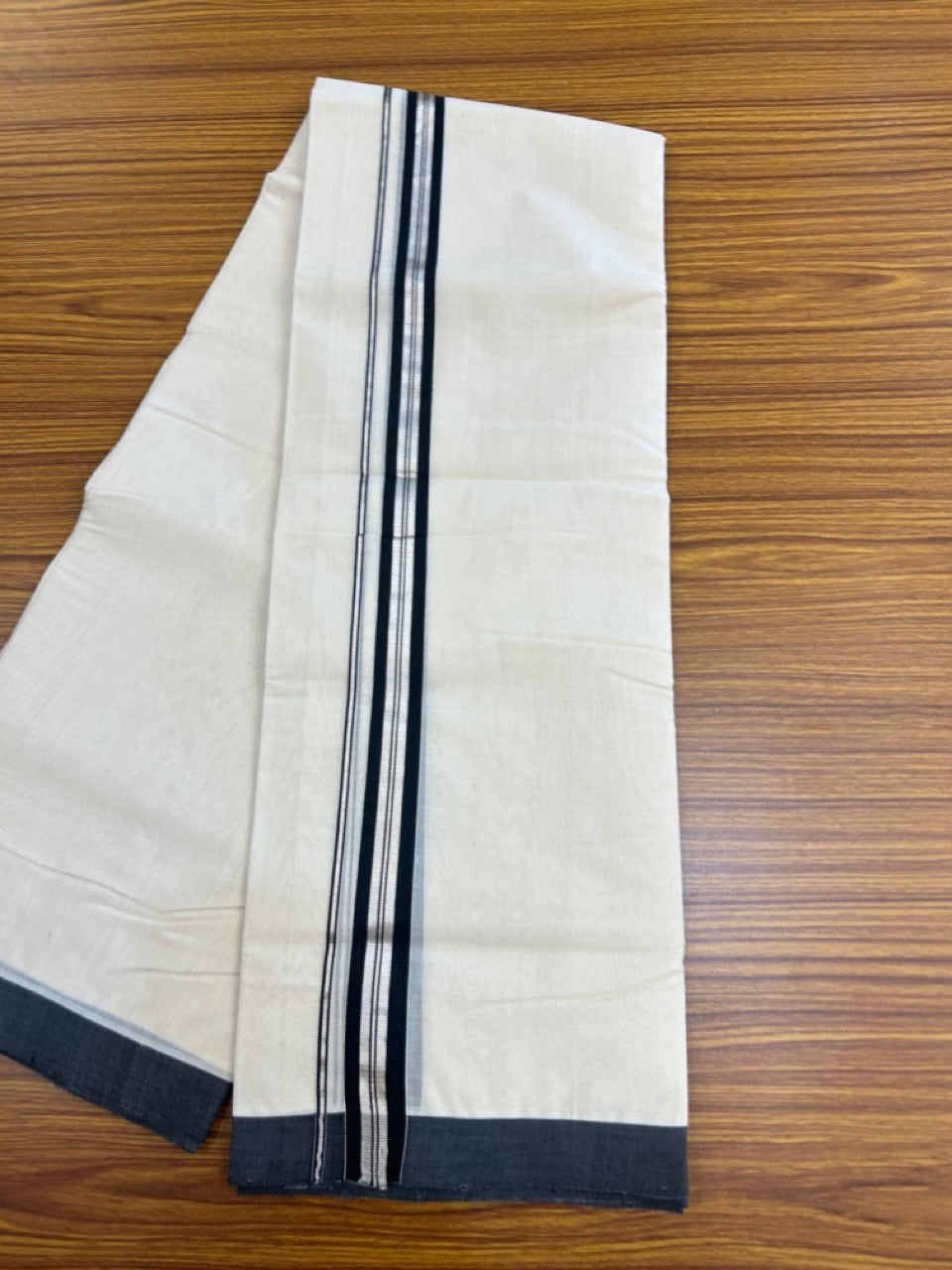 25% Discount! KaithariKada Handloom Millpaav Balaramapuram - Cotton Double Mundu/Dhoti Off white (Unbleached) - 80x90 - 1 inch Silver Kasav striped Black Kara 3.60 meter (8 Muzham) - 83 KK5256 RAM