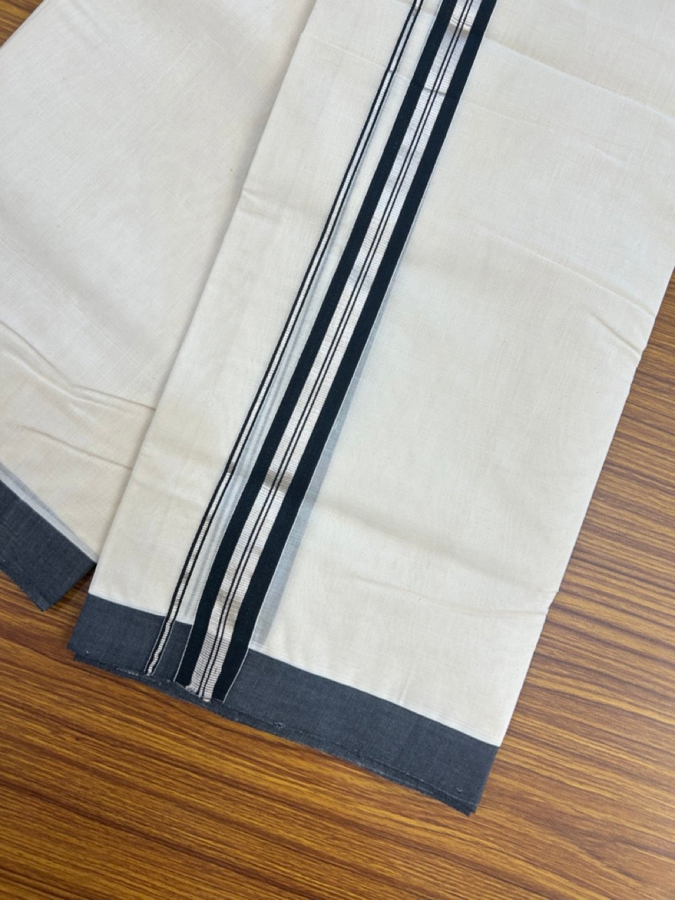 25% Discount! KaithariKada Handloom Millpaav Balaramapuram - Cotton Double Mundu/Dhoti Off white (Unbleached) - 80x90 - 1 inch Silver Kasav striped Black Kara 3.60 meter (8 Muzham) - 83 KK5256 RAM