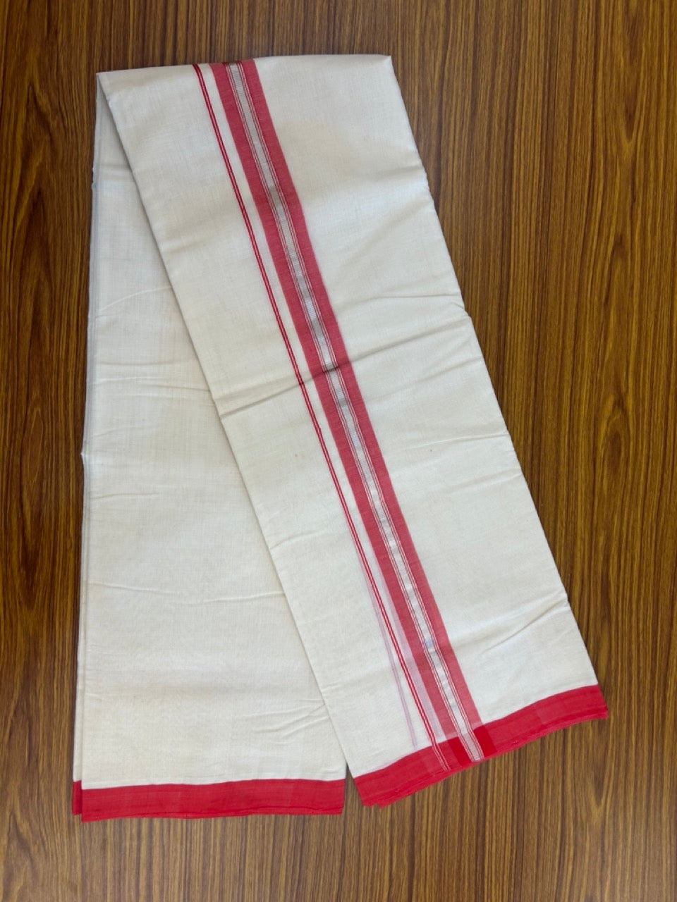 25% Discount! KaithariKada Handloom Millpaav Balaramapuram - Cotton Double Mundu/Dhoti Off white (Unbleached) - 80x90 - 1.5 inch Silver Kasav striped Red shaded Kara 3.60 meter (8 Muzham) - 81 KK5256 RAM
