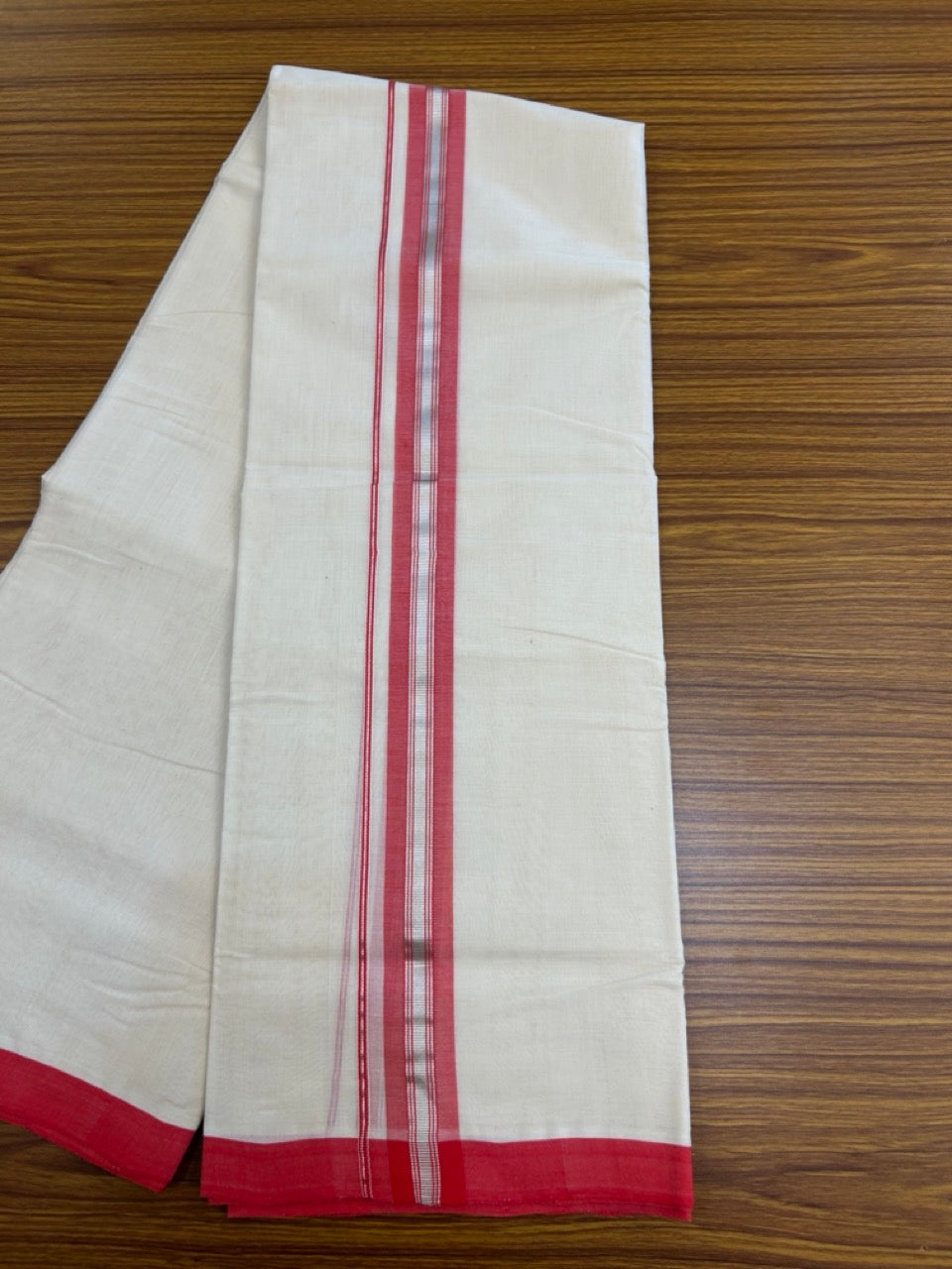 25% Discount! KaithariKada Handloom Millpaav Balaramapuram - Cotton Double Mundu/Dhoti Off white (Unbleached) - 80x90 - 1.5 inch Silver Kasav striped Red shaded Kara 3.60 meter (8 Muzham) - 81 KK5256 RAM