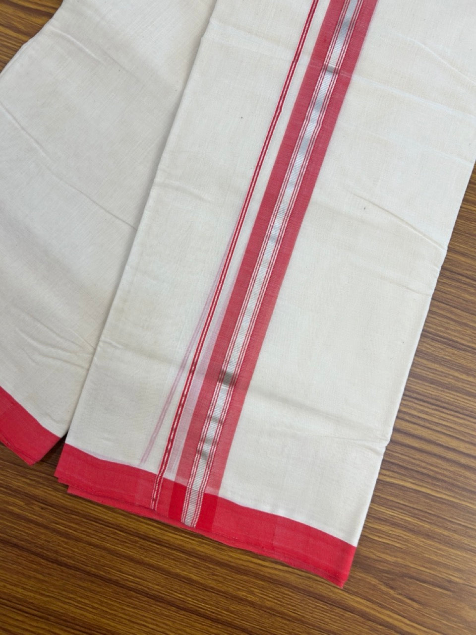 25% Discount! KaithariKada Handloom Millpaav Balaramapuram - Cotton Double Mundu/Dhoti Off white (Unbleached) - 80x90 - 1.5 inch Silver Kasav striped Red shaded Kara 3.60 meter (8 Muzham) - 81 KK5256 RAM