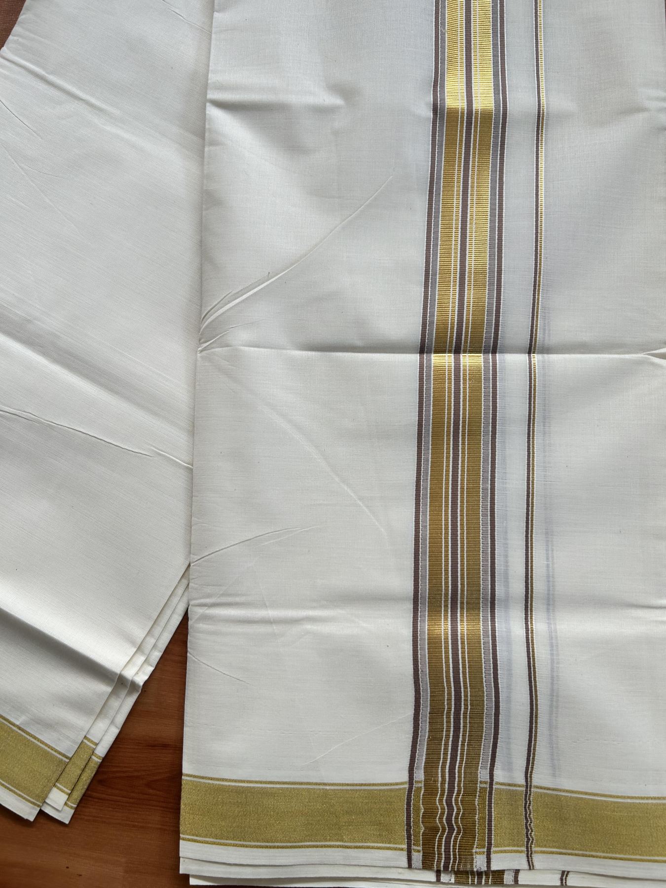 Double Off White - (Unbleached) Mundu/Dhoti - 20% Discount! KaithariKada Balaramapuram Pure Cotton - 80s - 1.5 inch Gold Kasav & Light Brown Striped Kara - 4 mtr (8.5 Muzham) - 20 KK5416 GAN