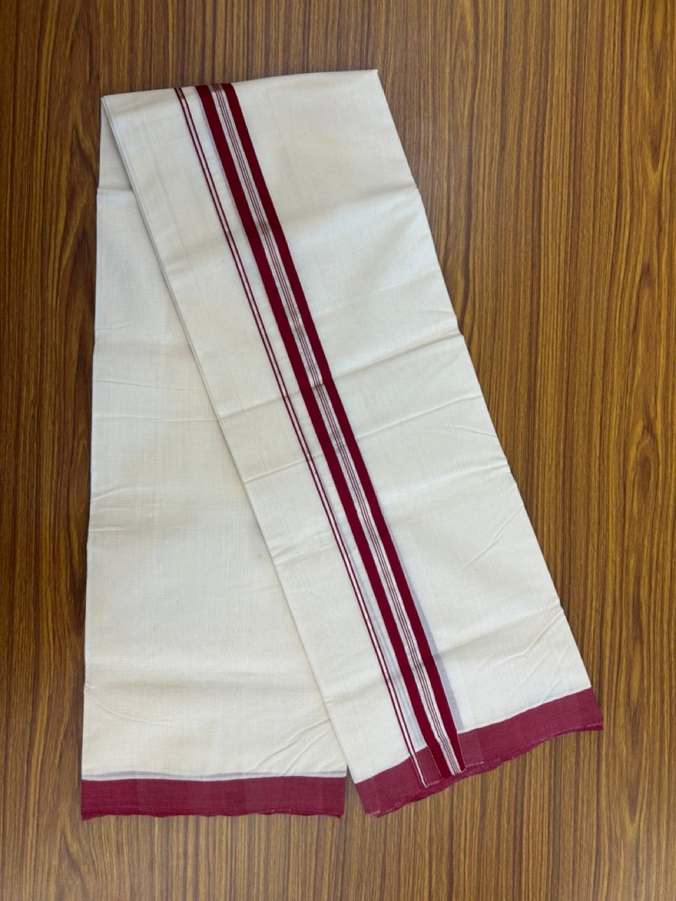 25% Discount! KaithariKada Handloom Millpaav Balaramapuram - Cotton Double Mundu/Dhoti Off white (Unbleached) - 80x90 - 1.25 inch Silver Kasav & Maroon striped Kara 3.60 meter (8 Muzham) - 65 KK5256 RAM