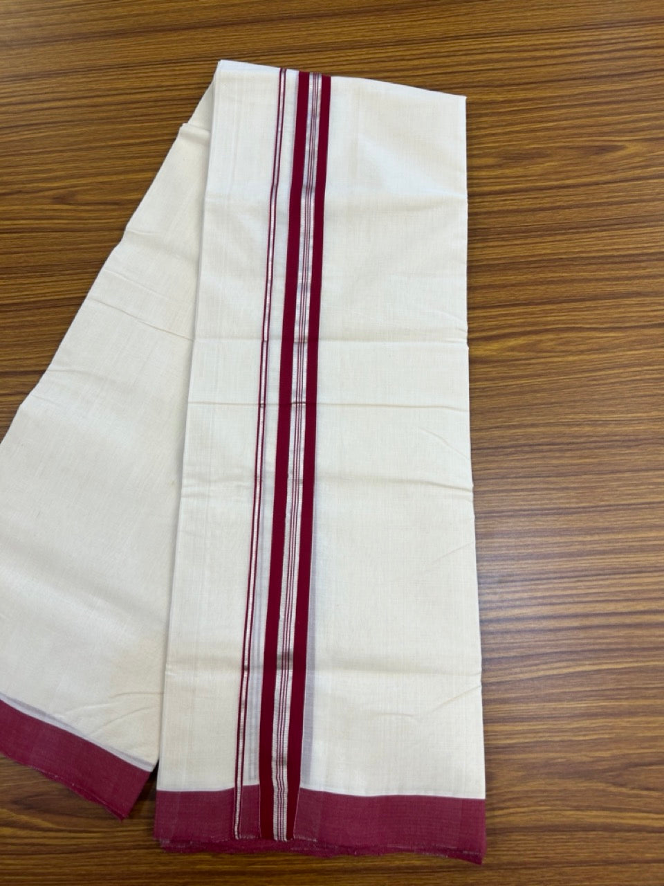 25% Discount! KaithariKada Handloom Millpaav Balaramapuram - Cotton Double Mundu/Dhoti Off white (Unbleached) - 80x90 - 1.25 inch Silver Kasav & Maroon striped Kara 3.60 meter (8 Muzham) - 65 KK5256 RAM