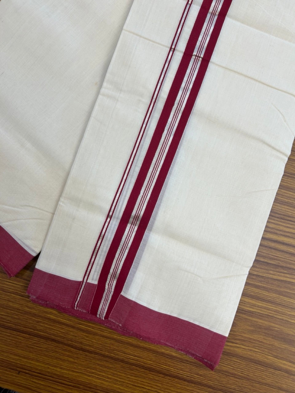 25% Discount! KaithariKada Handloom Millpaav Balaramapuram - Cotton Double Mundu/Dhoti Off white (Unbleached) - 80x90 - 1.25 inch Silver Kasav & Maroon striped Kara 3.60 meter (8 Muzham) - 65 KK5256 RAM