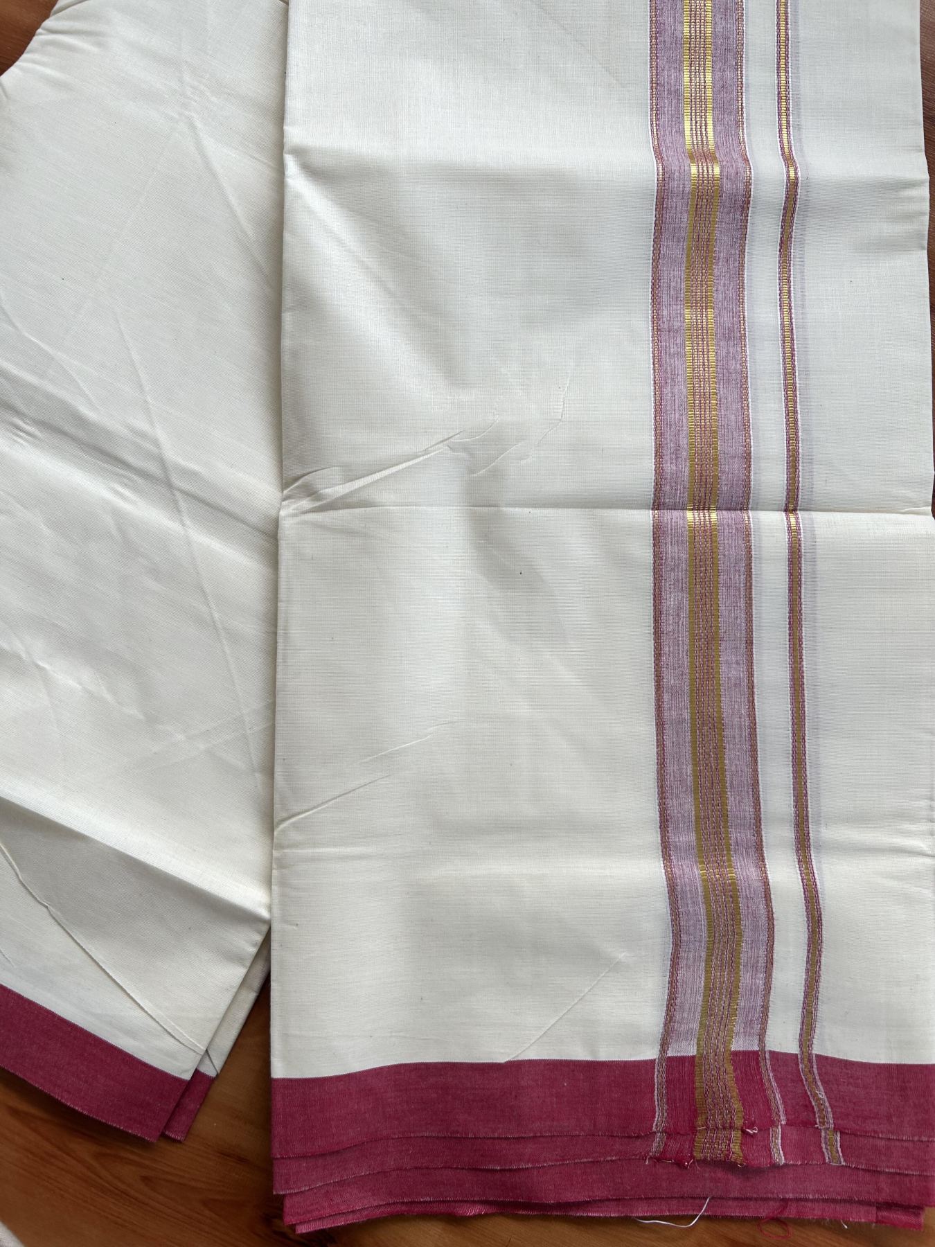 Double Off White - (Unbleached) Mundu/Dhoti - 20% Discount! KaithariKada Balaramapuram Pure Cotton - 80s - 1.5 inch Gold Kasav & Reddish Magenta Striped Kara - 4 mtr (8.5 Muzham) - 12 KK5416 GAN