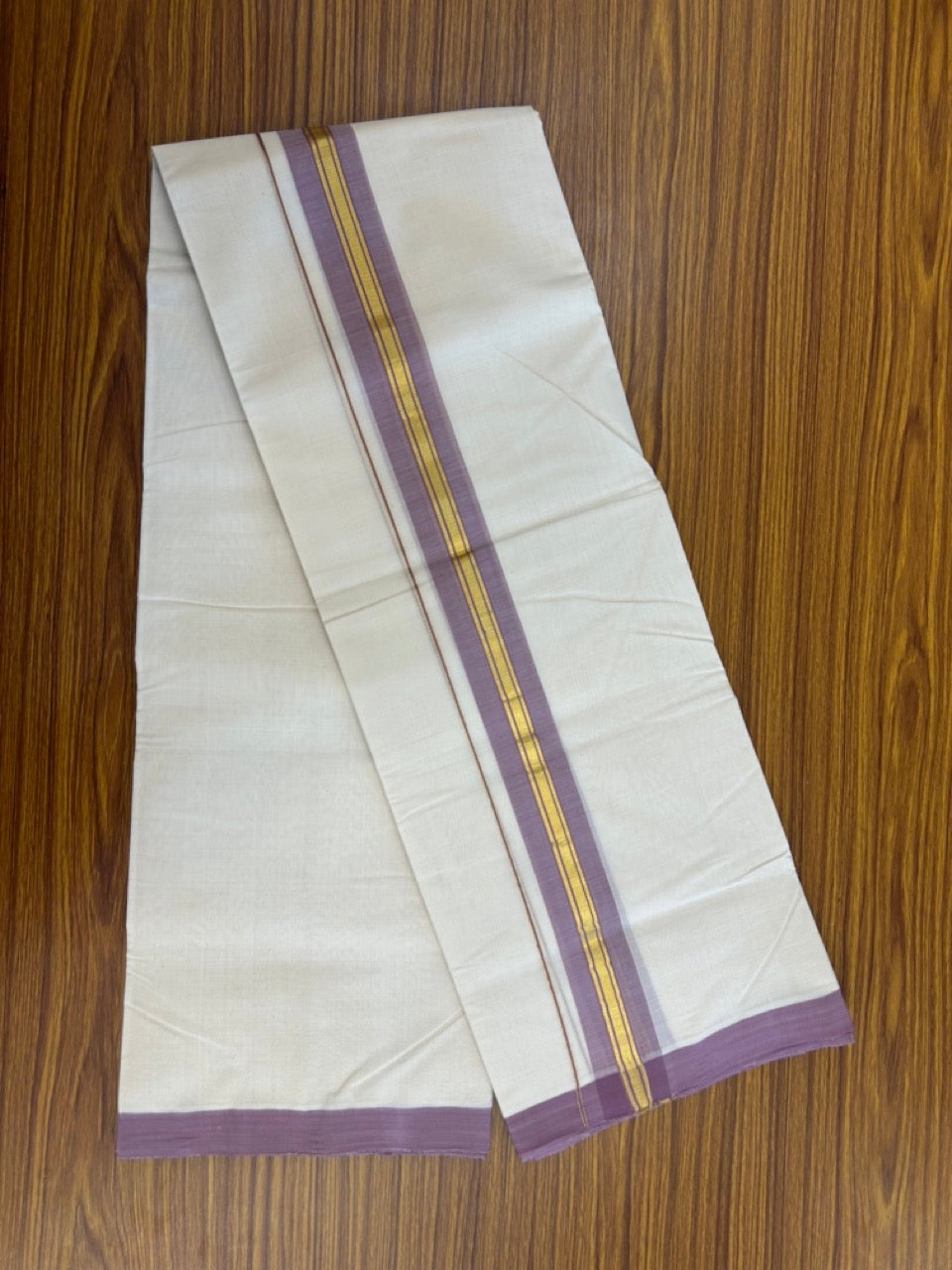 25% Discount! KaithariKada Handloom Millpaav Balaramapuram - Cotton Double Mundu/Dhoti Off white (Unbleached) - 80x90 - 1.75 inch Kasav & Dusty Lavender striped Kara 3.60 meter (8 Muzham) - 66 KK5256 RAM