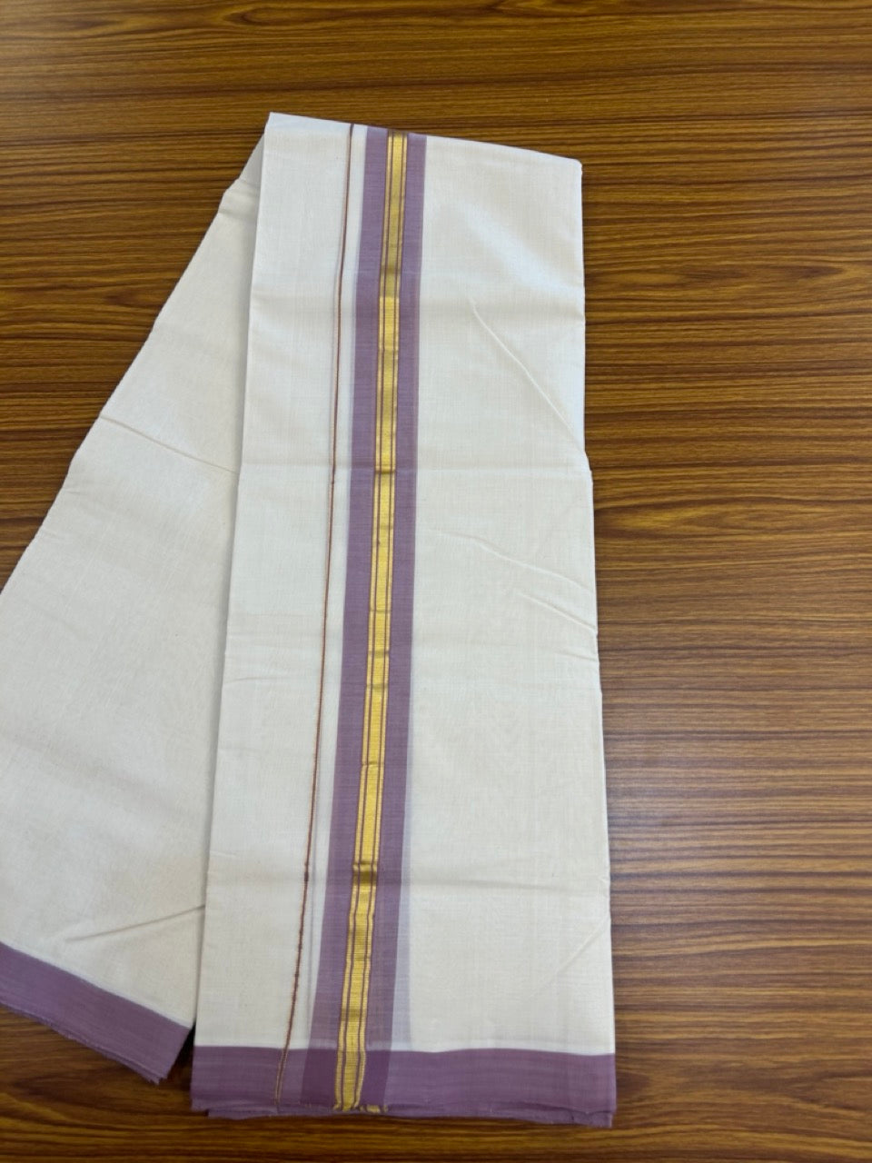 25% Discount! KaithariKada Handloom Millpaav Balaramapuram - Cotton Double Mundu/Dhoti Off white (Unbleached) - 80x90 - 1.75 inch Kasav & Dusty Lavender striped Kara 3.60 meter (8 Muzham) - 66 KK5256 RAM