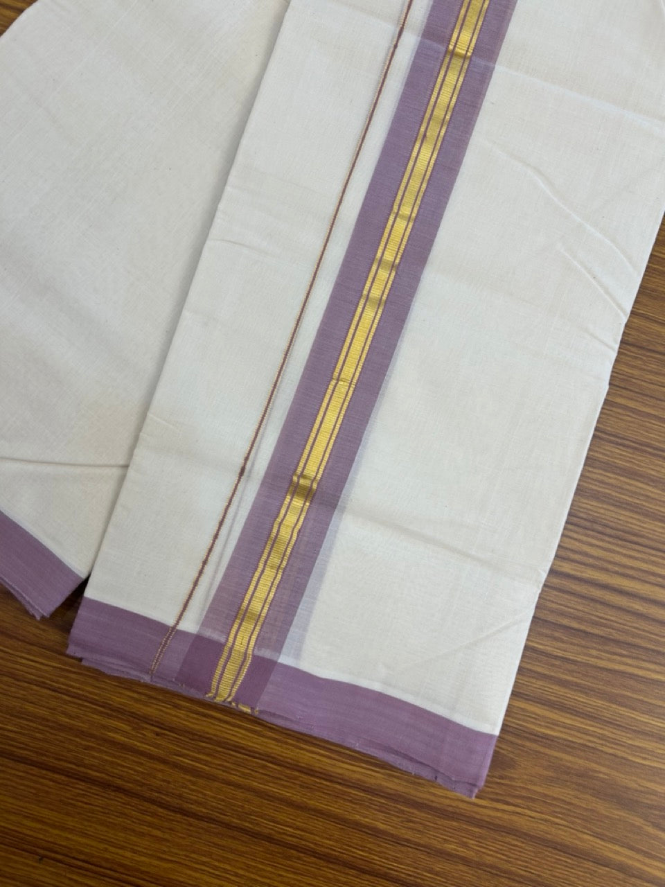 25% Discount! KaithariKada Handloom Millpaav Balaramapuram - Cotton Double Mundu/Dhoti Off white (Unbleached) - 80x90 - 1.75 inch Kasav & Dusty Lavender striped Kara 3.60 meter (8 Muzham) - 66 KK5256 RAM