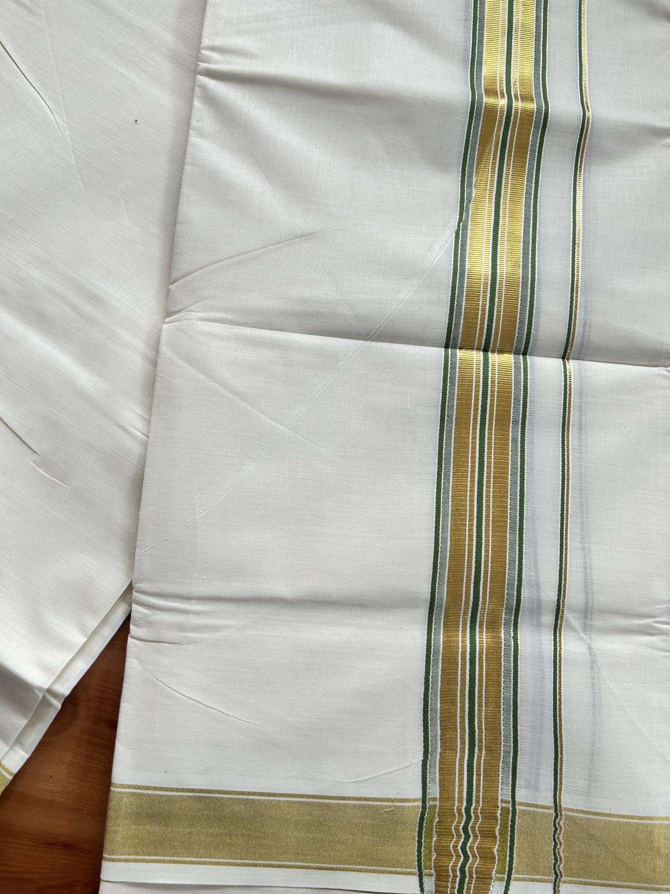 Double Off White - (Unbleached) Mundu/Dhoti - 20% Discount! KaithariKada Balaramapuram Pure Cotton - 80s - 1.5 inch Gold Kasav & Parrot Green Striped Kara - 4 mtr (8.5 Muzham) - 22 KK5416 GAN
