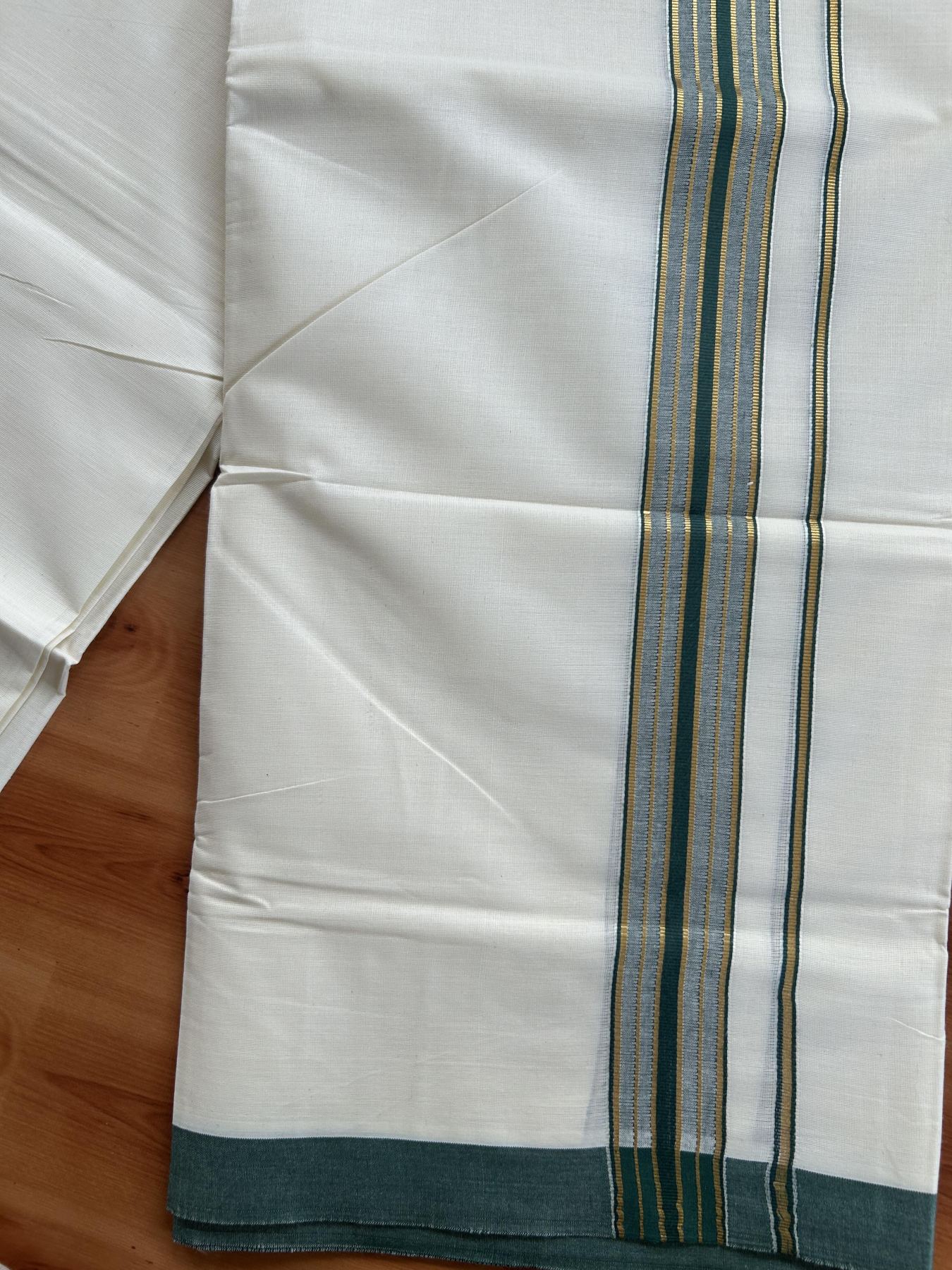 Double Off White - (Unbleached) Mundu/Dhoti - 20% Discount! KaithariKada Balaramapuram Pure Cotton - 60s - 1.5 inch Gold Kasav & Green Striped Kara - 4 mtr (8.5 Muzham) - 8 KK5416 GAN
