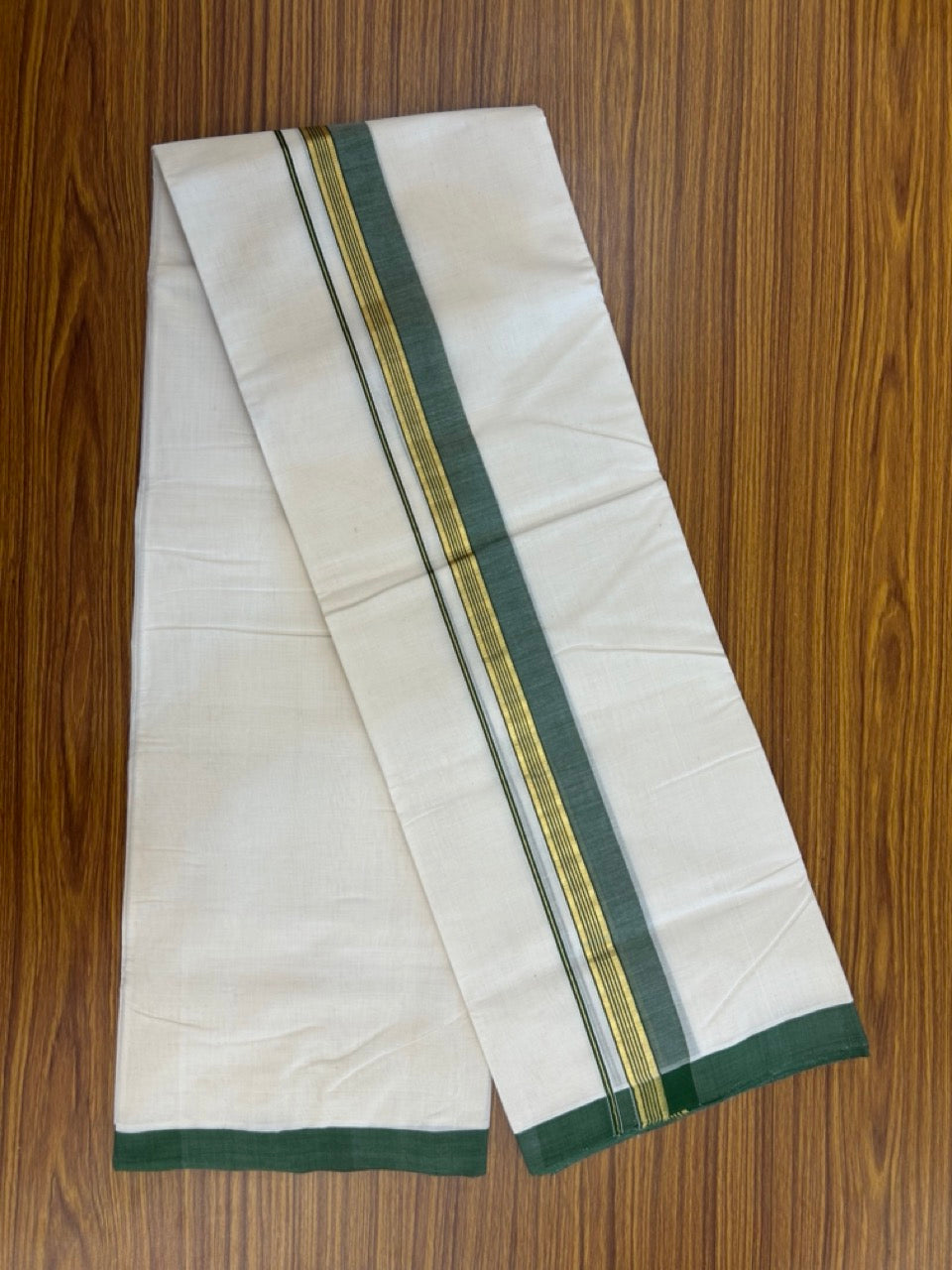 25% Discount! KaithariKada Handloom Millpaav Balaramapuram - Cotton Double Mundu/Dhoti Off white (Unbleached) - 80x90 - 1.5 inch Kasav striped Green shaded Kara 3.60 meter (8 Muzham) - 74 KK5256 RAM