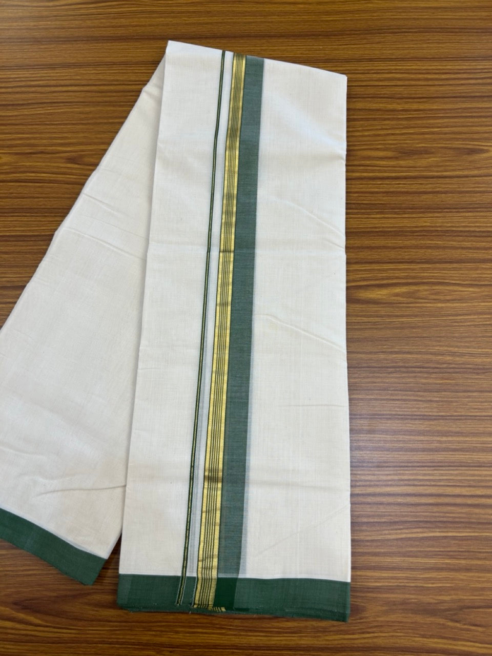25% Discount! KaithariKada Handloom Millpaav Balaramapuram - Cotton Double Mundu/Dhoti Off white (Unbleached) - 80x90 - 1.5 inch Kasav striped Green shaded Kara 3.60 meter (8 Muzham) - 74 KK5256 RAM