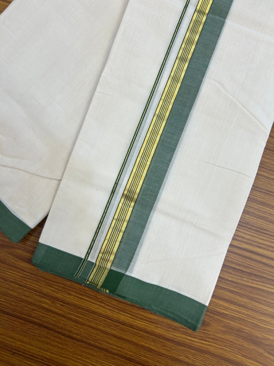 25% Discount! KaithariKada Handloom Millpaav Balaramapuram - Cotton Double Mundu/Dhoti Off white (Unbleached) - 80x90 - 1.5 inch Kasav striped Green shaded Kara 3.60 meter (8 Muzham) - 74 KK5256 RAM