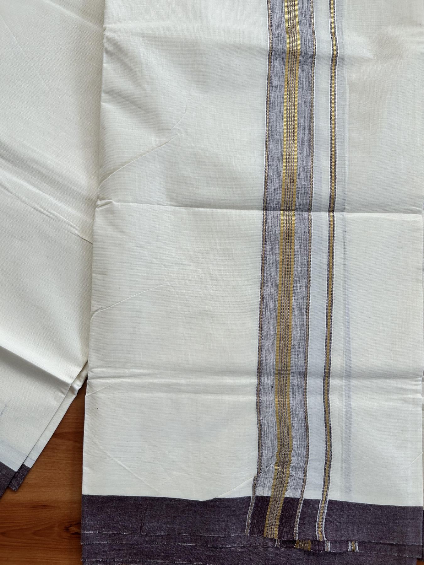 Double Off White - (Unbleached) Mundu/Dhoti - 20% Discount! KaithariKada Balaramapuram Pure Cotton - 80s - 1.5 inch Gold Kasav & Brown Striped Kara - 4 mtr (8.5 Muzham) - 10 KK5416 GAN