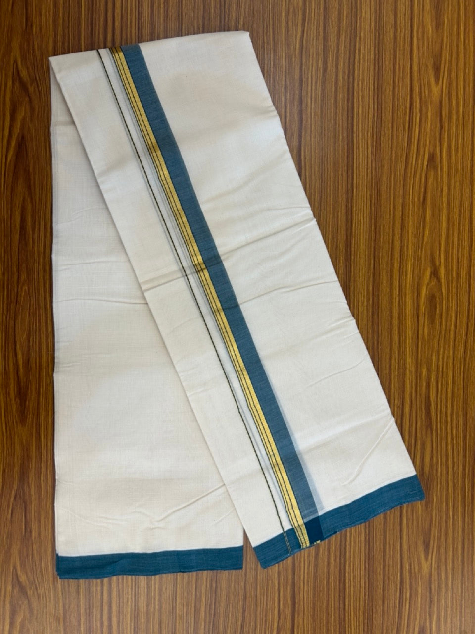 25% Discount! KaithariKada Handloom Millpaav Balaramapuram - Cotton Double Mundu/Dhoti Off white (Unbleached) - 80x90 - 1.25 inch Kasav striped Peacock Green shaded Kara 3.60 meter (8 Muzham) - 79 KK5256 RAM