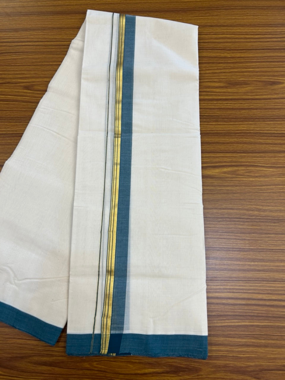 25% Discount! KaithariKada Handloom Millpaav Balaramapuram - Cotton Double Mundu/Dhoti Off white (Unbleached) - 80x90 - 1.25 inch Kasav striped Peacock Green shaded Kara 3.60 meter (8 Muzham) - 79 KK5256 RAM