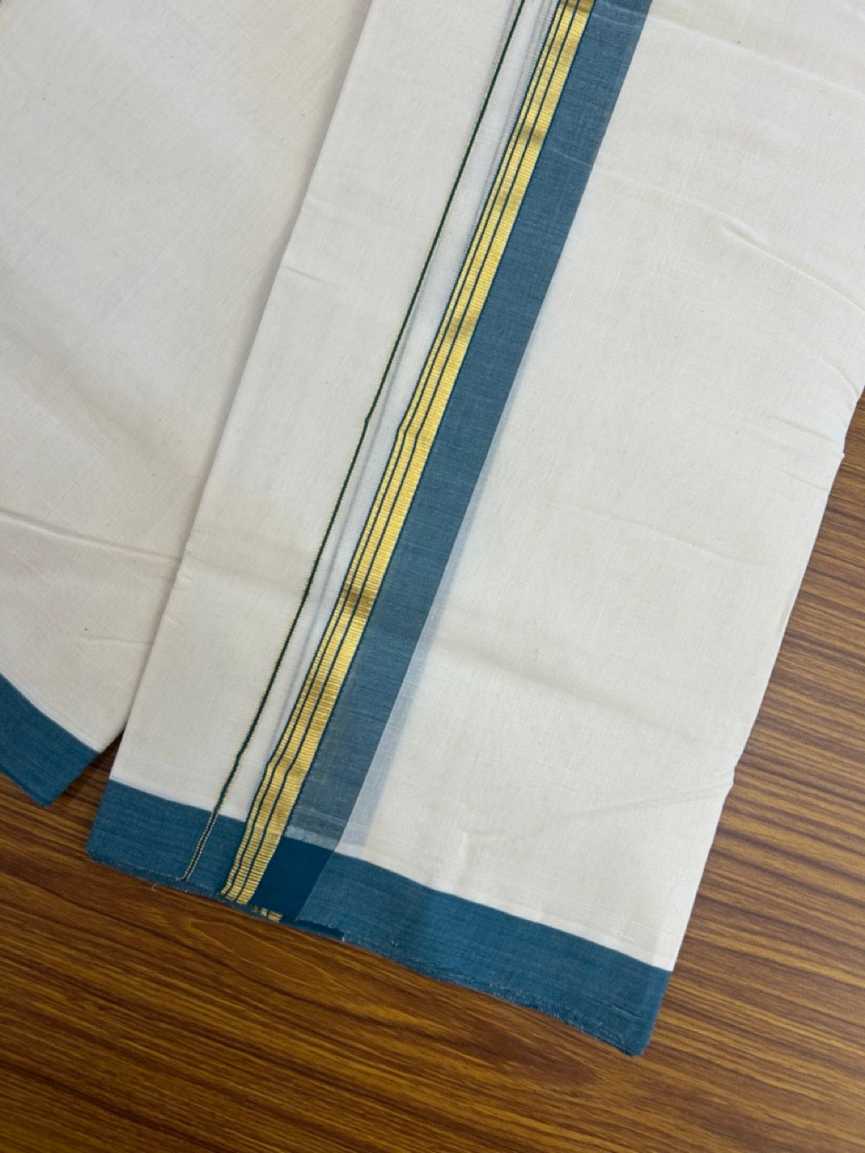 25% Discount! KaithariKada Handloom Millpaav Balaramapuram - Cotton Double Mundu/Dhoti Off white (Unbleached) - 80x90 - 1.25 inch Kasav striped Peacock Green shaded Kara 3.60 meter (8 Muzham) - 79 KK5256 RAM