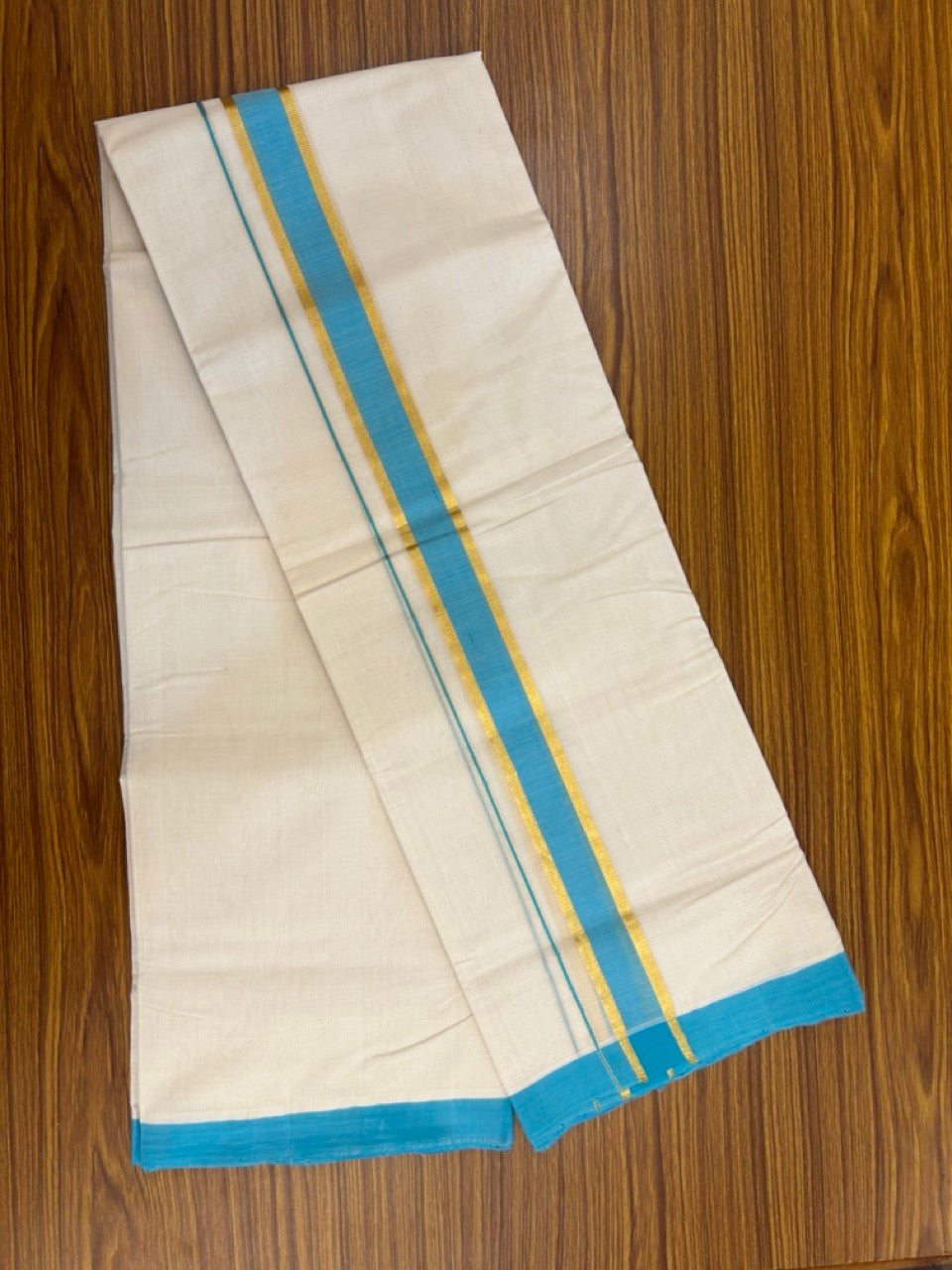 25% Discount! KaithariKada Handloom Millpaav Balaramapuram - Cotton Double Mundu/Dhoti Off white (Unbleached) - 80x90 - 1.5 inch Kasav & Turquoise blue Kara 3.60 meter (8 Muzham) - 60 KK5256 RAM