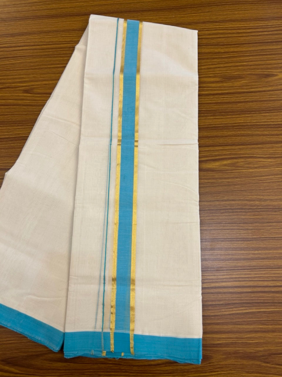 25% Discount! KaithariKada Handloom Millpaav Balaramapuram - Cotton Double Mundu/Dhoti Off white (Unbleached) - 80x90 - 1.5 inch Kasav & Turquoise blue Kara 3.60 meter (8 Muzham) - 60 KK5256 RAM