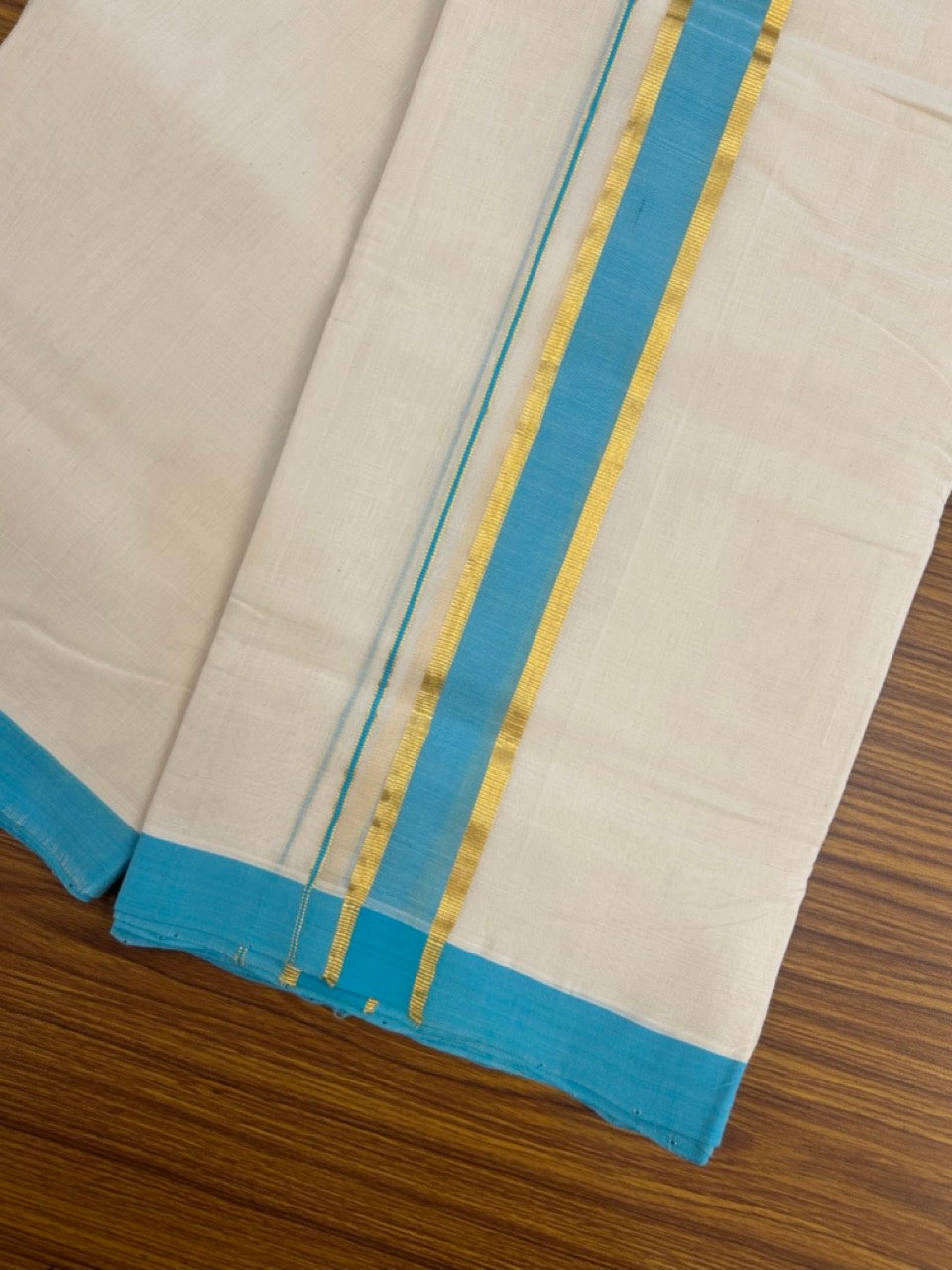 25% Discount! KaithariKada Handloom Millpaav Balaramapuram - Cotton Double Mundu/Dhoti Off white (Unbleached) - 80x90 - 1.5 inch Kasav & Turquoise blue Kara 3.60 meter (8 Muzham) - 60 KK5256 RAM