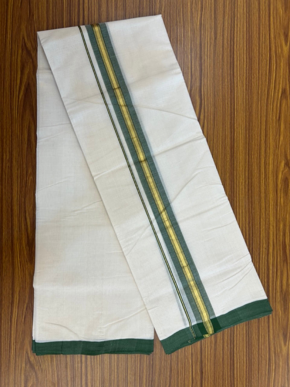 25% Discount! KaithariKada Handloom Millpaav Balaramapuram - Cotton Double Mundu/Dhoti Off white (Unbleached) - 80x90 - 1.5 inch Kasav & Green shaded striped Kara 3.60 meter (8 Muzham) - 67 KK5256 RAM