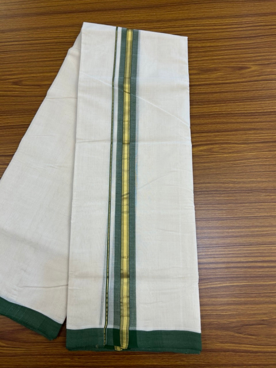 25% Discount! KaithariKada Handloom Millpaav Balaramapuram - Cotton Double Mundu/Dhoti Off white (Unbleached) - 80x90 - 1.5 inch Kasav & Green shaded striped Kara 3.60 meter (8 Muzham) - 67 KK5256 RAM