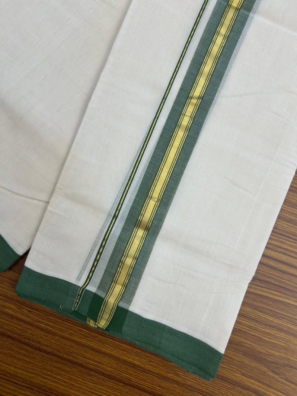 25% Discount! KaithariKada Handloom Millpaav Balaramapuram - Cotton Double Mundu/Dhoti Off white (Unbleached) - 80x90 - 1.5 inch Kasav & Green shaded striped Kara 3.60 meter (8 Muzham) - 67 KK5256 RAM