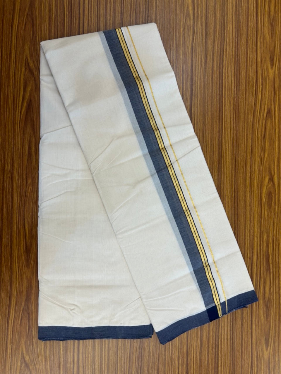 25% Discount! KaithariKada Handloom Millpaav Balaramapuram - Cotton Double Mundu/Dhoti Off white (Unbleached) - 80x90 - 1.5 inch Kasav striped Navy Blue shaded Kara 3.60 meter (8 Muzham) - 78 KK5256 RAM
