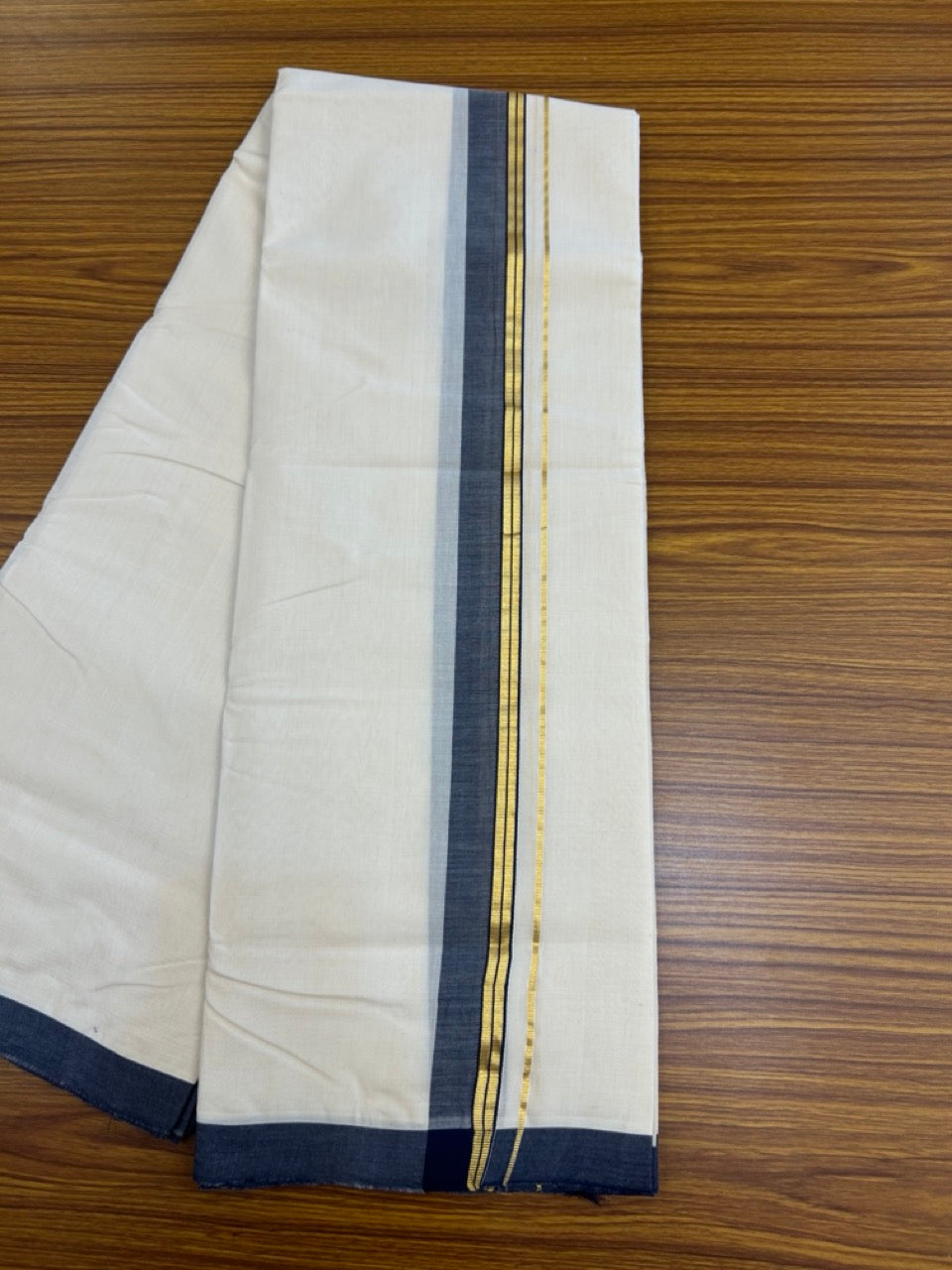 25% Discount! KaithariKada Handloom Millpaav Balaramapuram - Cotton Double Mundu/Dhoti Off white (Unbleached) - 80x90 - 1.5 inch Kasav striped Navy Blue shaded Kara 3.60 meter (8 Muzham) - 78 KK5256 RAM