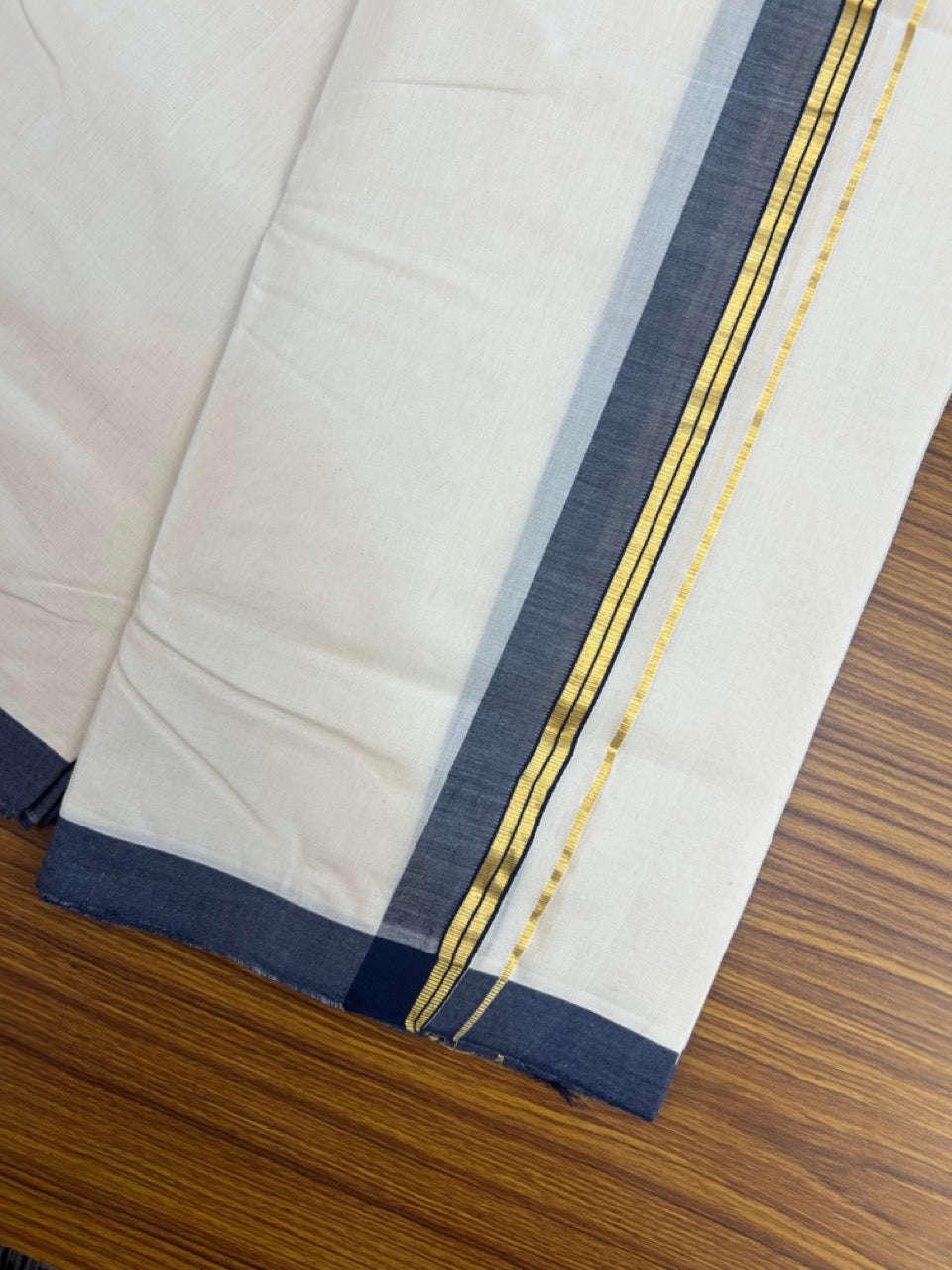 25% Discount! KaithariKada Handloom Millpaav Balaramapuram - Cotton Double Mundu/Dhoti Off white (Unbleached) - 80x90 - 1.5 inch Kasav striped Navy Blue shaded Kara 3.60 meter (8 Muzham) - 78 KK5256 RAM