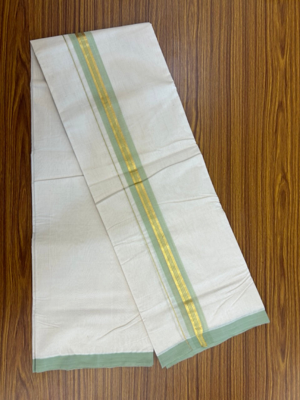 25% Discount! KaithariKada Handloom Millpaav Balaramapuram - Cotton Double Mundu/Dhoti Off white (Unbleached) - 80x90 - 1.75 inch Kasav & Light Pista Green shaded striped Kara 3.60 meter (8 Muzham) - 71 KK5256 RAM