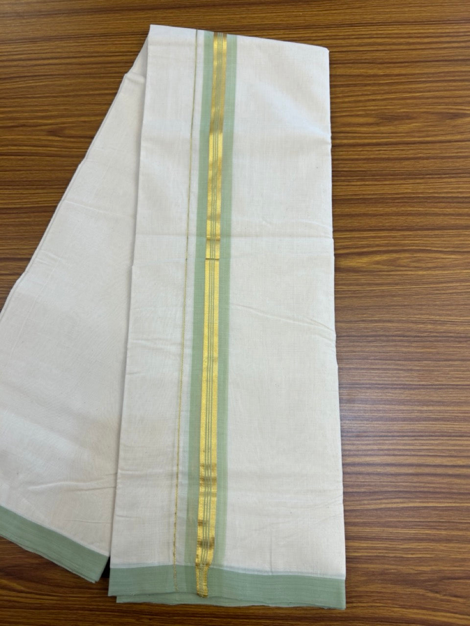 25% Discount! KaithariKada Handloom Millpaav Balaramapuram - Cotton Double Mundu/Dhoti Off white (Unbleached) - 80x90 - 1.75 inch Kasav & Light Pista Green shaded striped Kara 3.60 meter (8 Muzham) - 71 KK5256 RAM