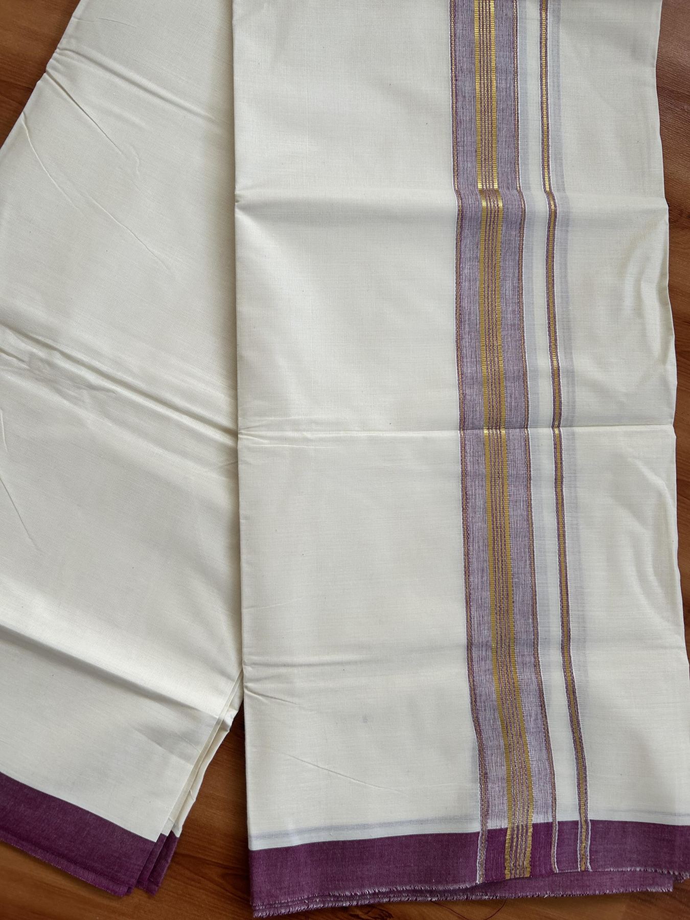 Double Off White - (Unbleached) Mundu/Dhoti - 20% Discount! KaithariKada Balaramapuram Pure Cotton - 80s - 1.5 inch Gold Kasav & Purple Wine Striped Kara - 4 mtr (8.5 Muzham) - 11 KK5416 GAN