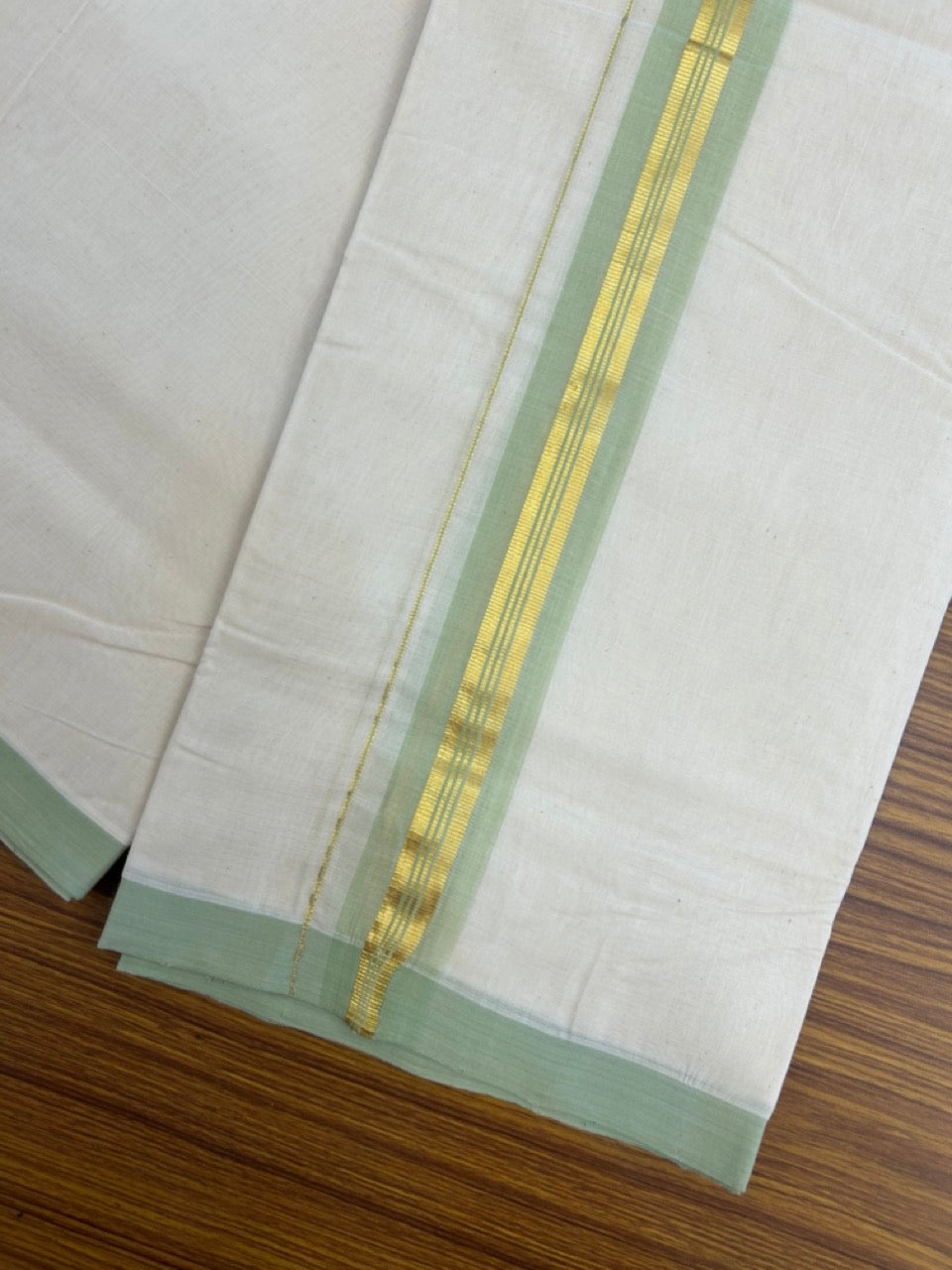 25% Discount! KaithariKada Handloom Millpaav Balaramapuram - Cotton Double Mundu/Dhoti Off white (Unbleached) - 80x90 - 1.75 inch Kasav & Light Pista Green shaded striped Kara 3.60 meter (8 Muzham) - 71 KK5256 RAM