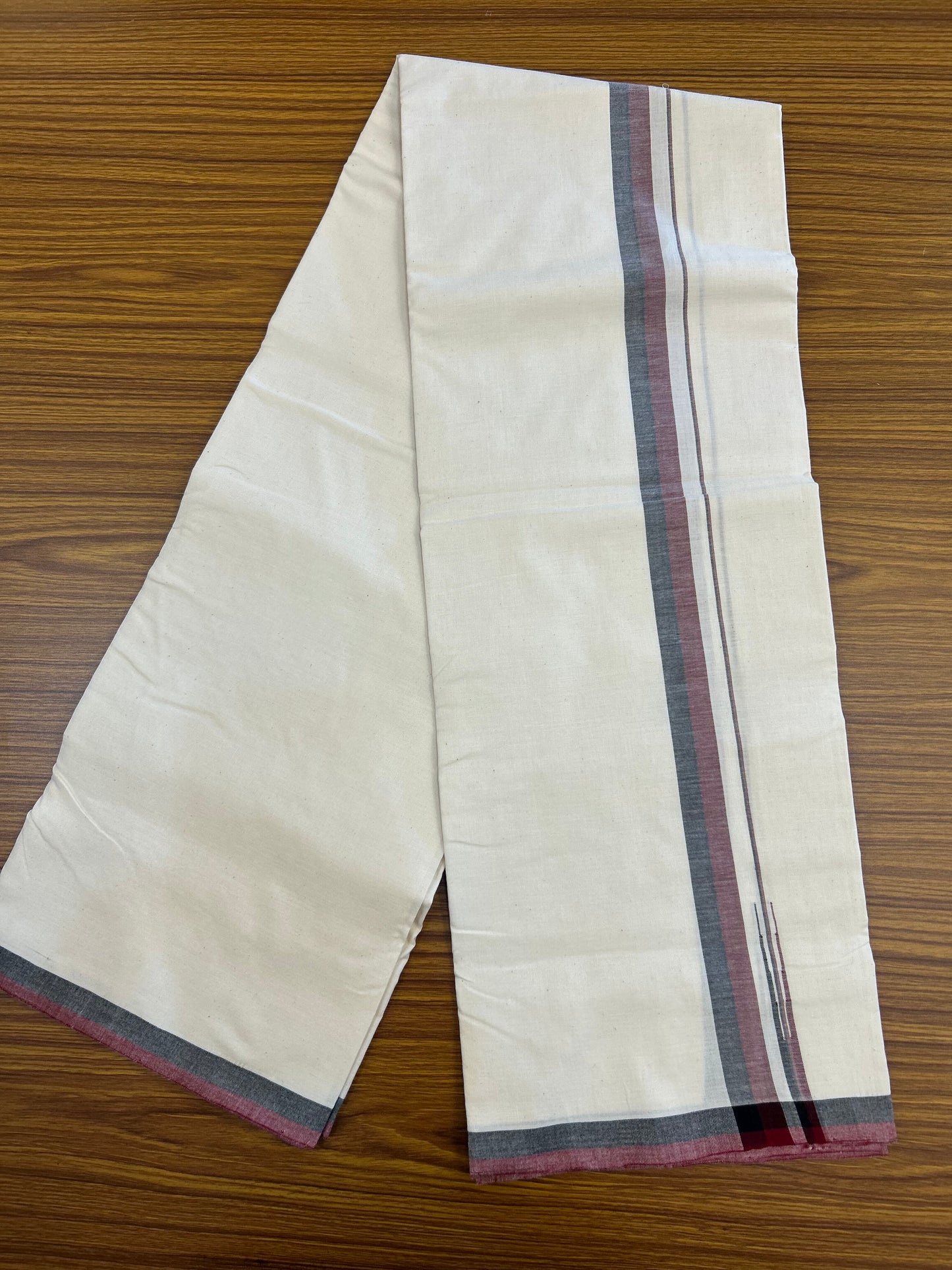 Dmk Veshti - 25%Discount !! Signature Kaitharikada Exclusive Single Dhoti - 100% Cotton - Kerala Handloom Single Mundu/Dhoti - Off White - (Unbleached) 1 inch Puliyilakkara Black & Maroon Chutty kara (2 meter / 4 muzham)- 3 KK5371 KAI