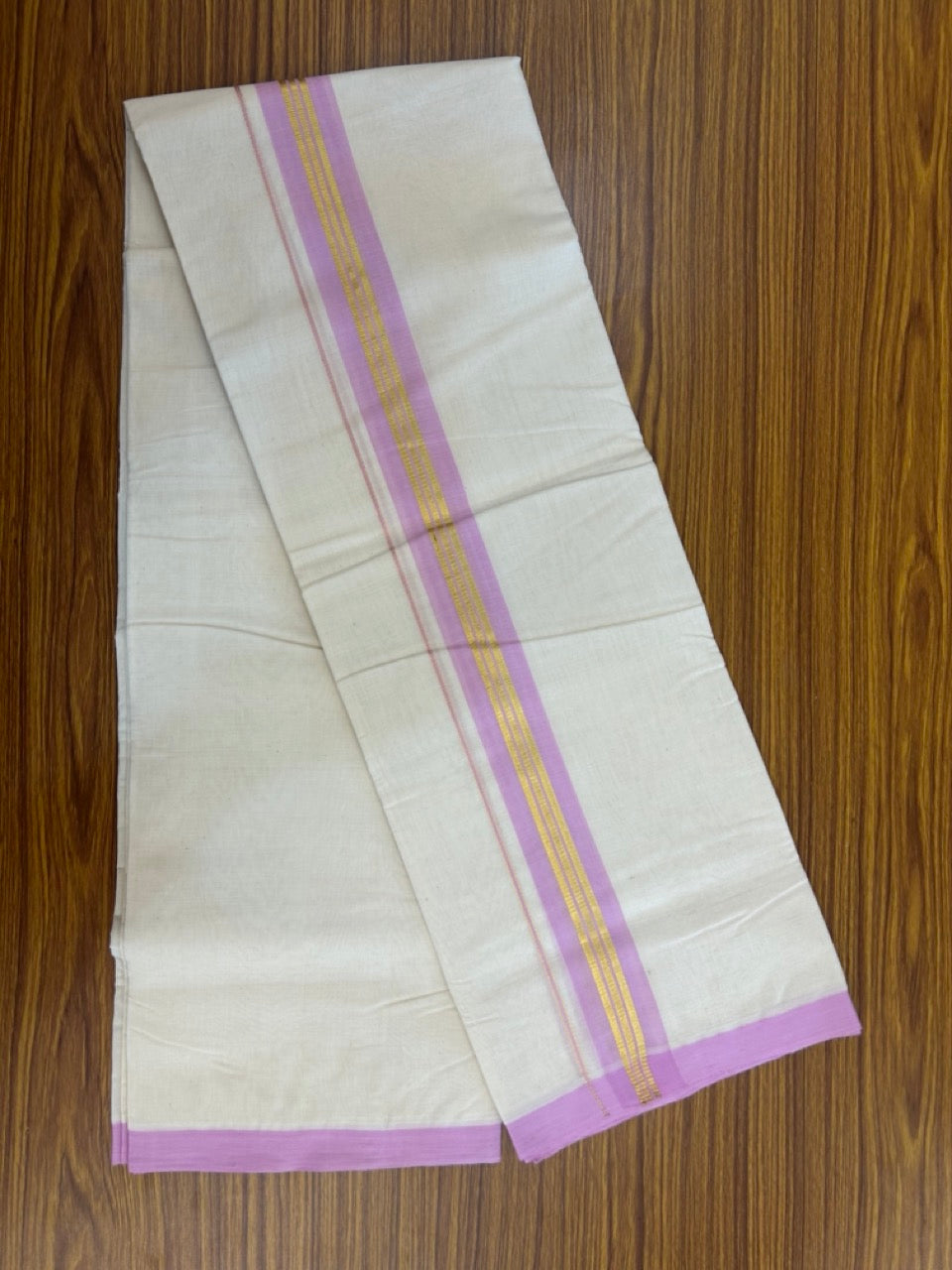 25% Discount! KaithariKada Handloom Millpaav Balaramapuram - Cotton Double Mundu/Dhoti Off white (Unbleached) - 80x90 - 1.75 inch Kasav & Baby Pink shaded striped Kara 3.60 meter (8 Muzham) - 68 KK5256 RAM