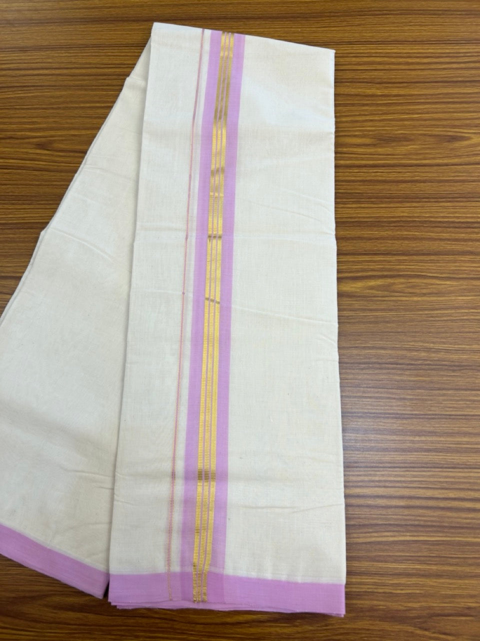 25% Discount! KaithariKada Handloom Millpaav Balaramapuram - Cotton Double Mundu/Dhoti Off white (Unbleached) - 80x90 - 1.75 inch Kasav & Baby Pink shaded striped Kara 3.60 meter (8 Muzham) - 68 KK5256 RAM