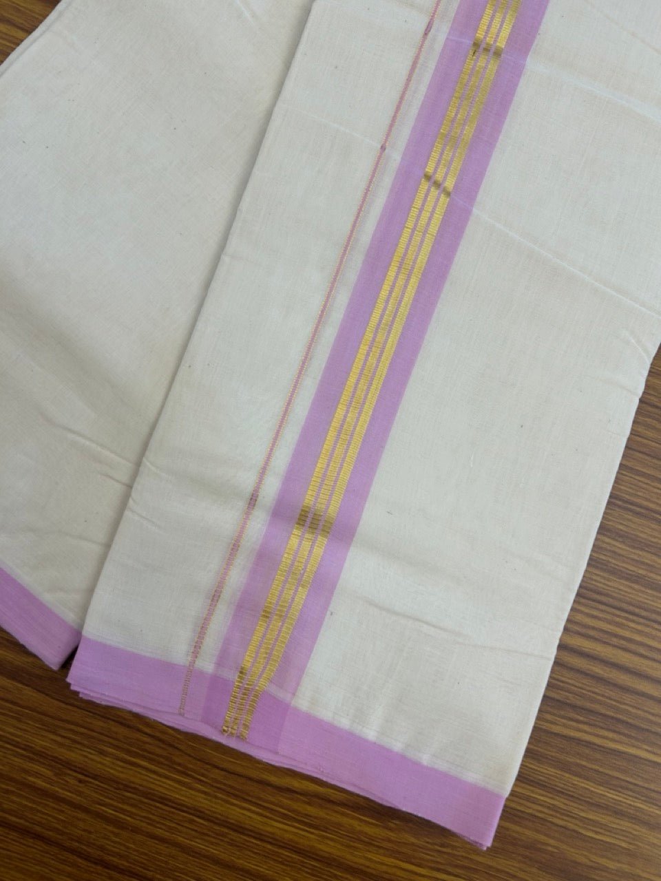 25% Discount! KaithariKada Handloom Millpaav Balaramapuram - Cotton Double Mundu/Dhoti Off white (Unbleached) - 80x90 - 1.75 inch Kasav & Baby Pink shaded striped Kara 3.60 meter (8 Muzham) - 68 KK5256 RAM
