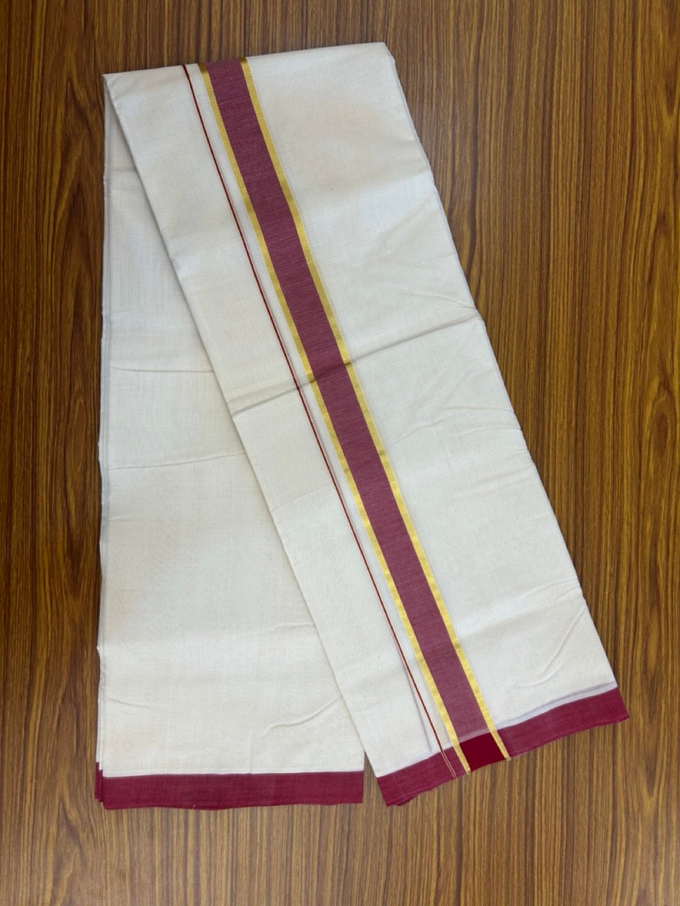 25% Discount! KaithariKada Handloom Millpaav Balaramapuram - Cotton Double Mundu/Dhoti Off white (Unbleached) - 80x90 - 1.5 inch Kasav & Maroon shaded Kara 3.60 meter (8 Muzham) - 61 KK5256 RAM