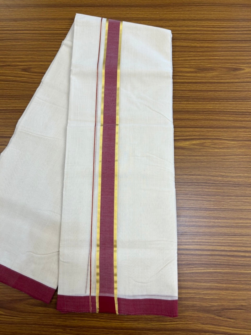 25% Discount! KaithariKada Handloom Millpaav Balaramapuram - Cotton Double Mundu/Dhoti Off white (Unbleached) - 80x90 - 1.5 inch Kasav & Maroon shaded Kara 3.60 meter (8 Muzham) - 61 KK5256 RAM