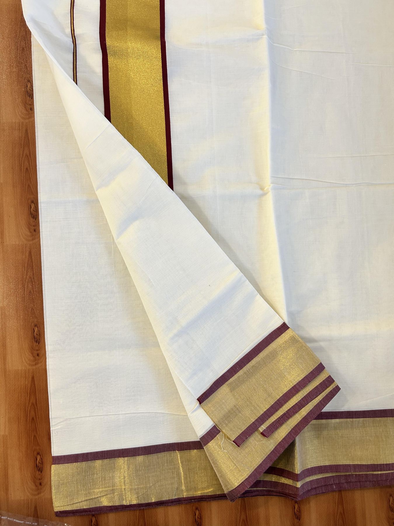 Off White Saree - 25% Discount! Kaitharikada Kerala Traditional Mixed Cotton Kasavu Saree - 3 Inch Pallu - Gold Kasav & Maroon Kara - 29 KK7000 PMC
