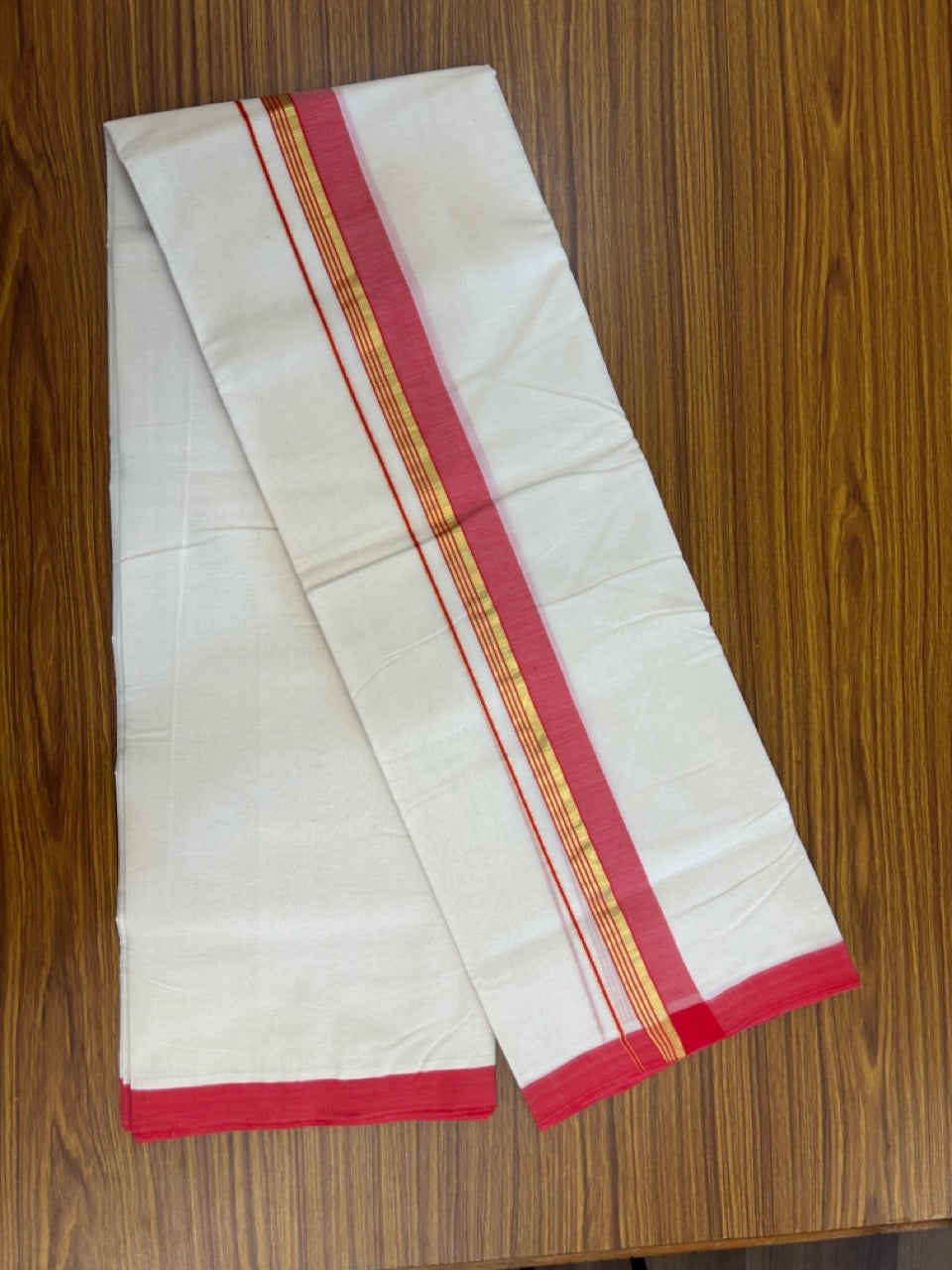 25% Discount! KaithariKada Handloom Millpaav Balaramapuram - Cotton Double Mundu/Dhoti Off white (Unbleached) - 80x90 - 1.5 inch Kasav striped Red shaded Kara 3.60 meter (8 Muzham) - 75 KK5256 RAM