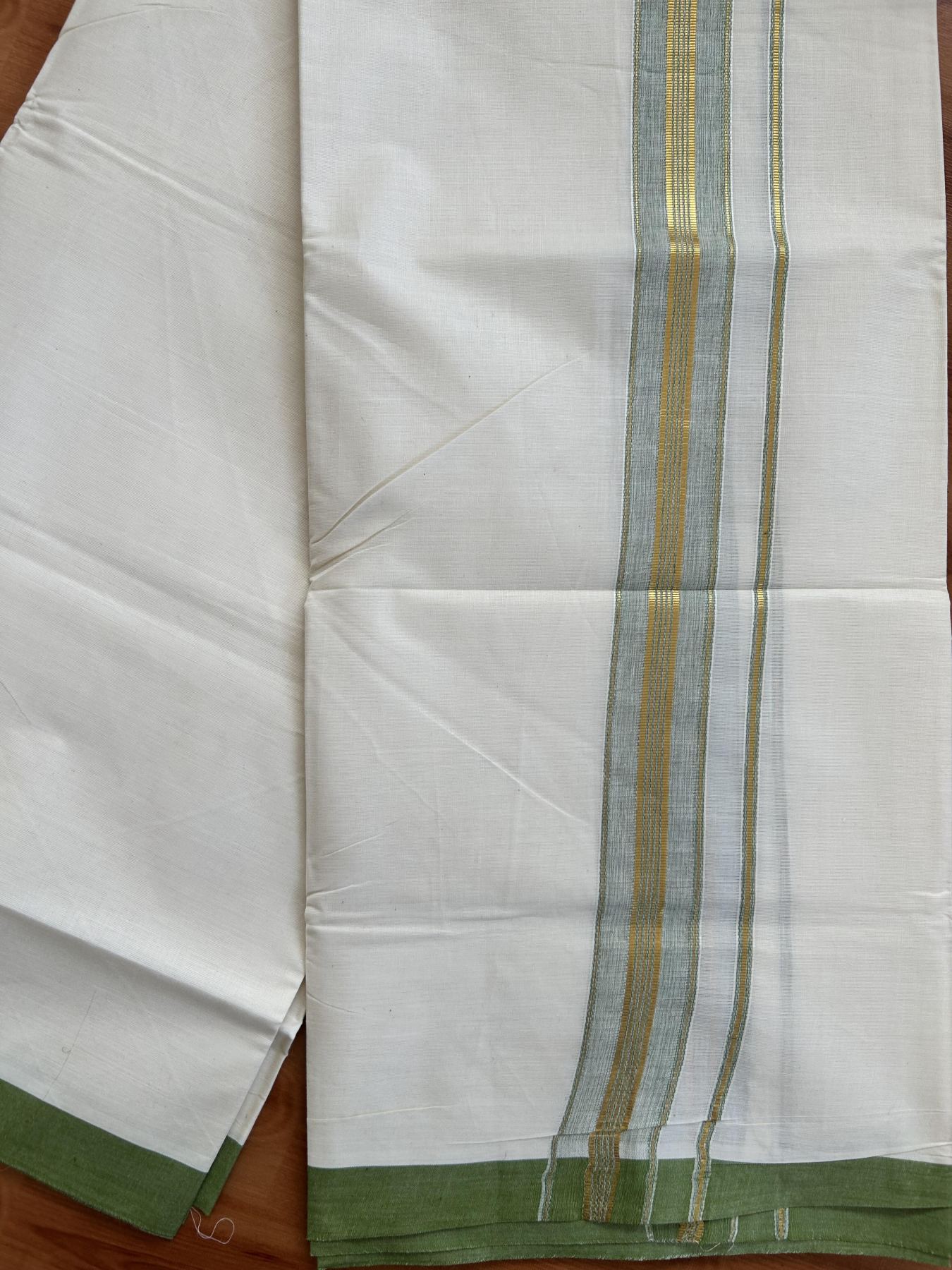 Double Off White - (Unbleached) Mundu/Dhoti - 20% Discount! KaithariKada Balaramapuram Pure Cotton - 80s - 1.5 inch Gold Kasav & Parrot Green Striped Kara - 4 mtr (8.5 Muzham) - 13 KK5416 GAN