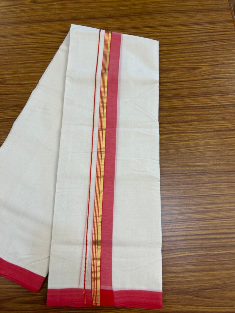 25% Discount! KaithariKada Handloom Millpaav Balaramapuram - Cotton Double Mundu/Dhoti Off white (Unbleached) - 80x90 - 1.5 inch Kasav striped Red shaded Kara 3.60 meter (8 Muzham) - 75 KK5256 RAM