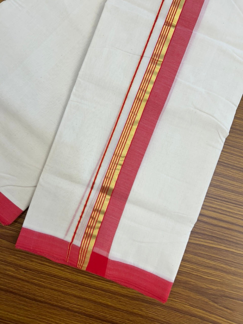 25% Discount! KaithariKada Handloom Millpaav Balaramapuram - Cotton Double Mundu/Dhoti Off white (Unbleached) - 80x90 - 1.5 inch Kasav striped Red shaded Kara 3.60 meter (8 Muzham) - 75 KK5256 RAM