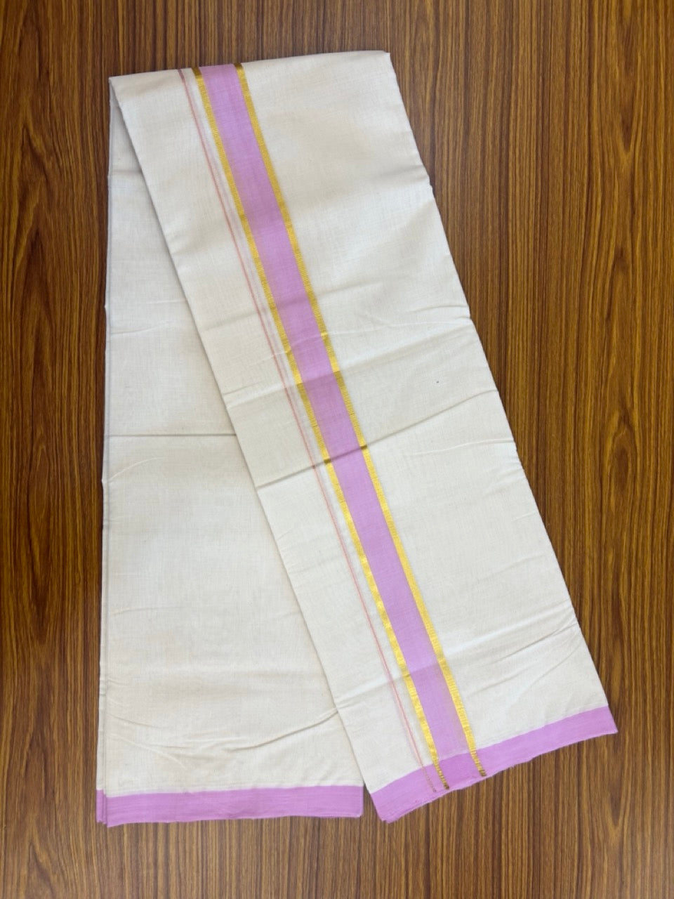 25% Discount! KaithariKada Handloom Millpaav Balaramapuram - Cotton Double Mundu/Dhoti Off white (Unbleached) - 80x90 - 1.5 inch Kasav & Lavender Pink shaded Kara 3.60 meter (8 Muzham) - 62 KK5256 RAM