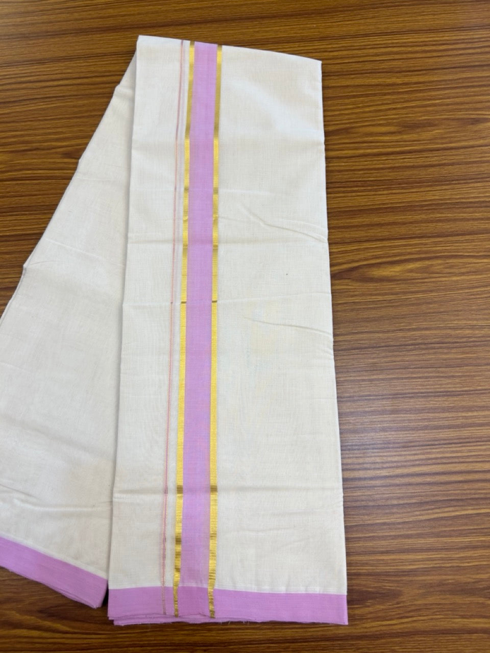 25% Discount! KaithariKada Handloom Millpaav Balaramapuram - Cotton Double Mundu/Dhoti Off white (Unbleached) - 80x90 - 1.5 inch Kasav & Lavender Pink shaded Kara 3.60 meter (8 Muzham) - 62 KK5256 RAM